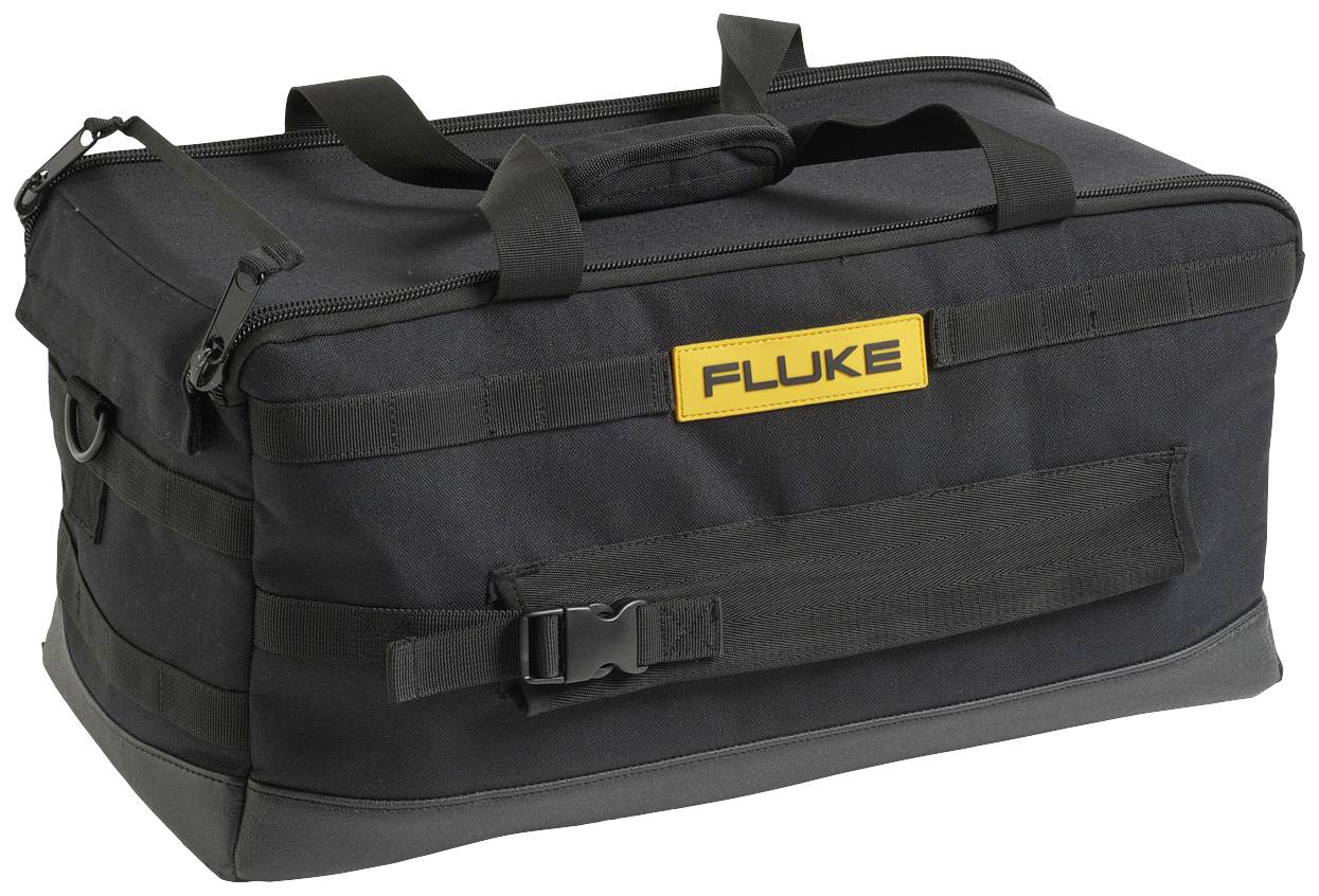Eine schwarze Werkzeugtasche mit Reißverschluss und Tragegriffen. Auf der Seite befindet sich ein gelbes Logo mit der Aufschrift 'FLUKE'.