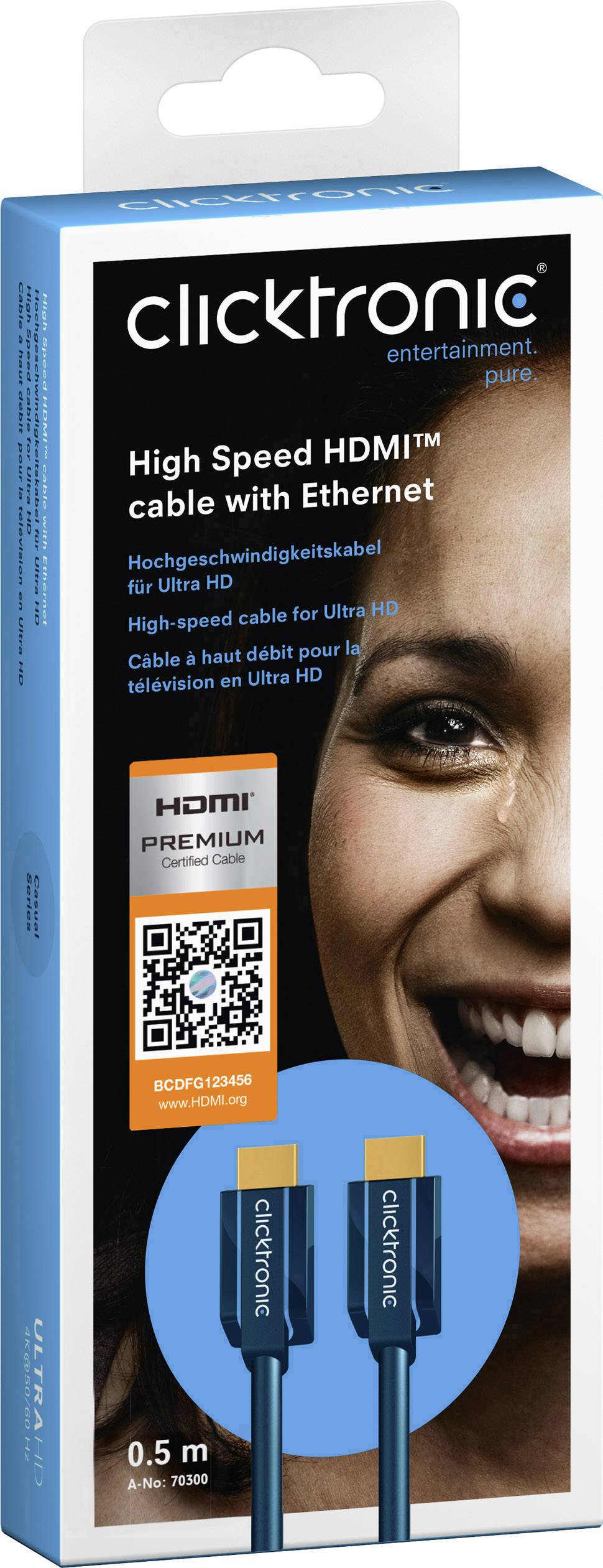 clicktronic HDMI Anschlusskabel 0.50 m Blau 70300 Audio Return Channel, vergoldete Steckkontakte, 4K UHD HDMI-Kabel