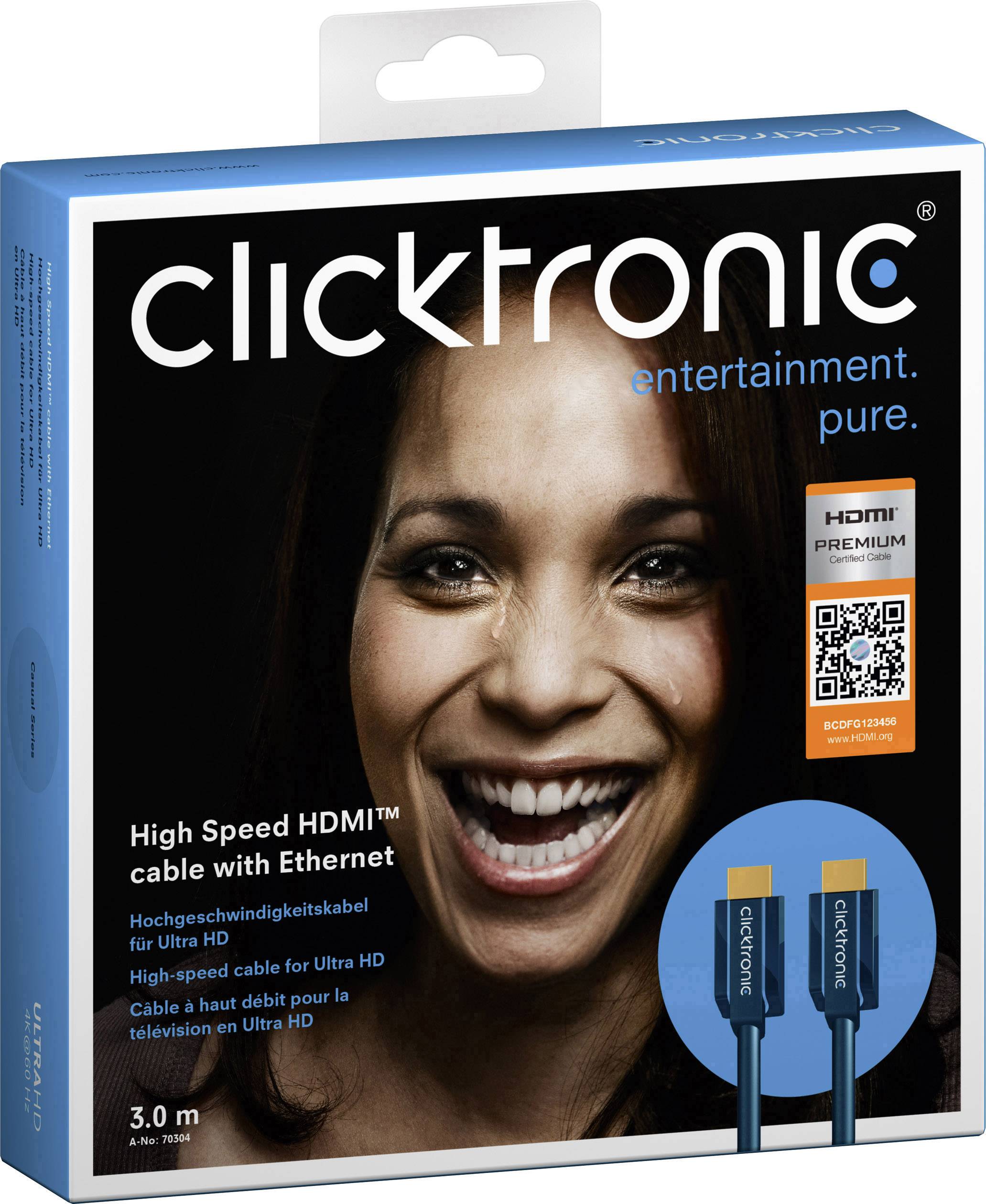 clicktronic HDMI Anschlusskabel 3.00 m Blau 70304 Audio Return Channel, vergoldete Steckkontakte, 4K UHD HDMI-Kabel