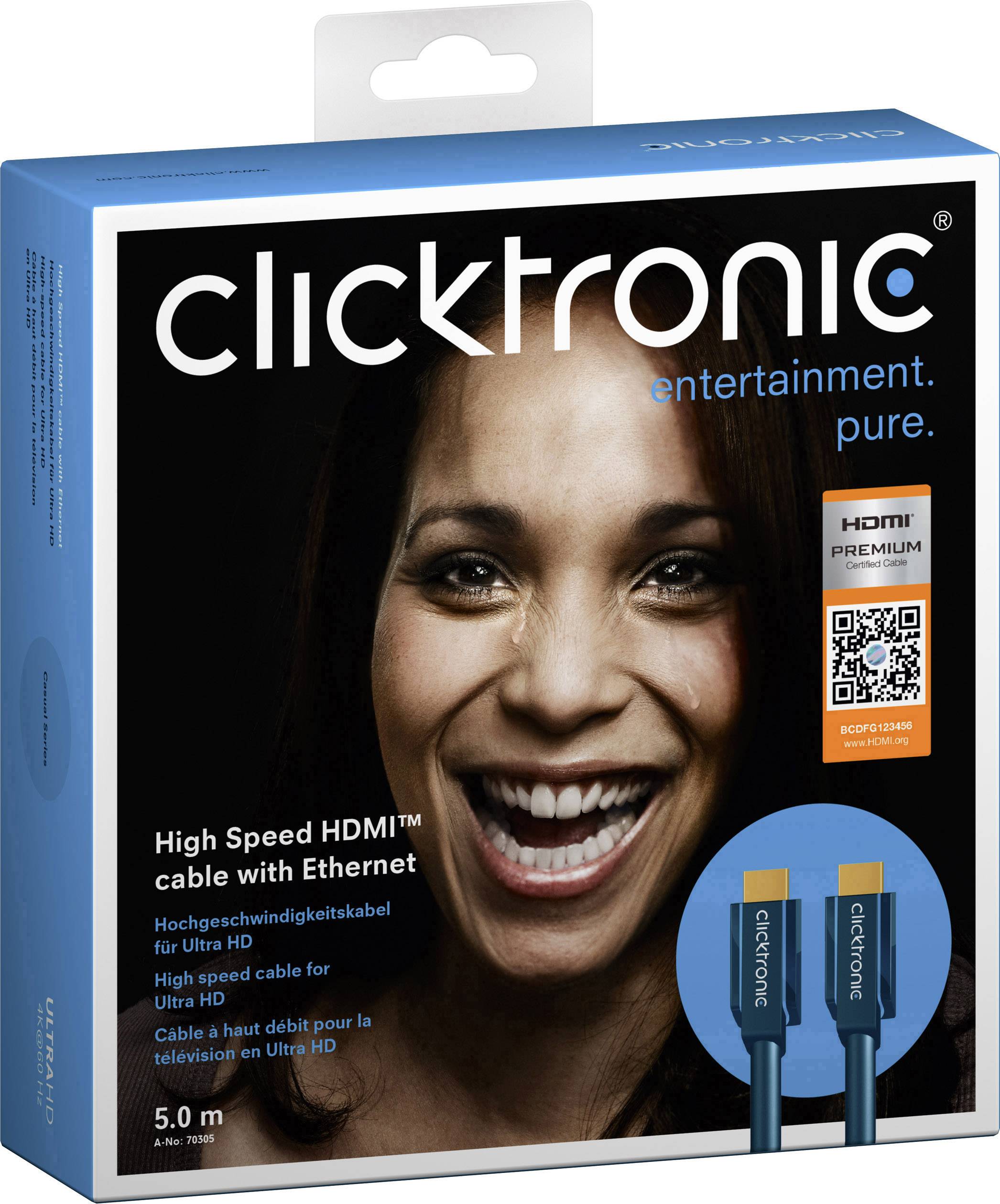 clicktronic HDMI Anschlusskabel 5.00 m Blau 70305 Audio Return Channel, vergoldete Steckkontakte, 4K UHD HDMI-Kabel