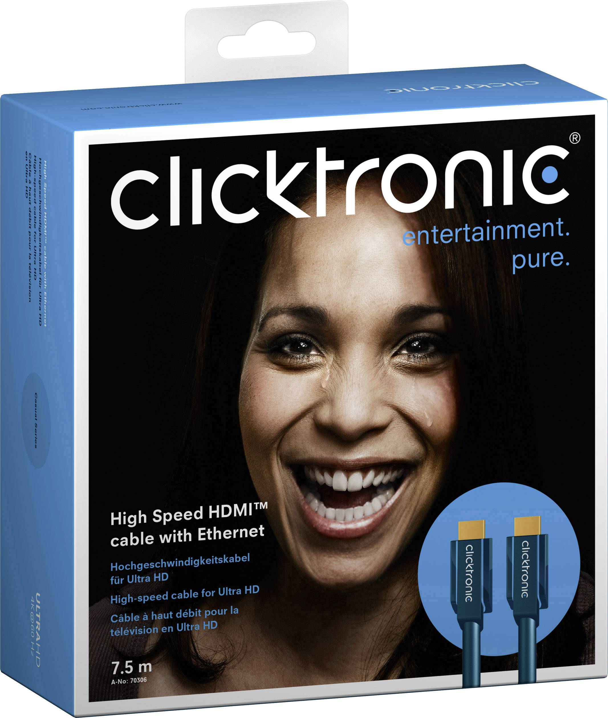 clicktronic HDMI Anschlusskabel 7.50 m Blau 70306 Audio Return Channel, vergoldete Steckkontakte, 4K UHD HDMI-Kabel