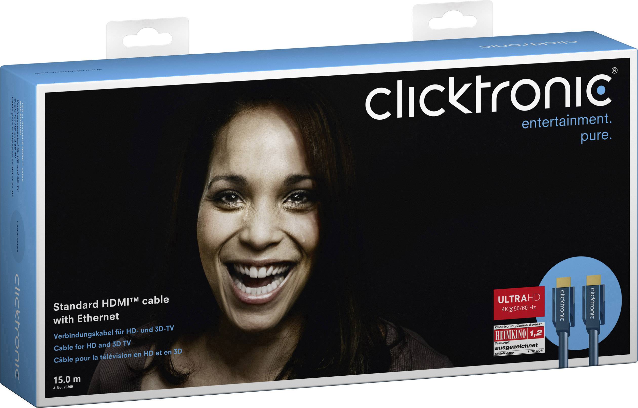 clicktronic HDMI Anschlusskabel 15.00 m Blau 70309 Audio Return Channel, vergoldete Steckkontakte, 4K UHD HDMI-Kabel