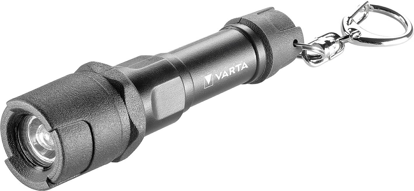 Eine kleine, schwarze Taschenlampe mit einem Metallschlüsselring am Ende. Sie trägt das Logo 'VARTA'.