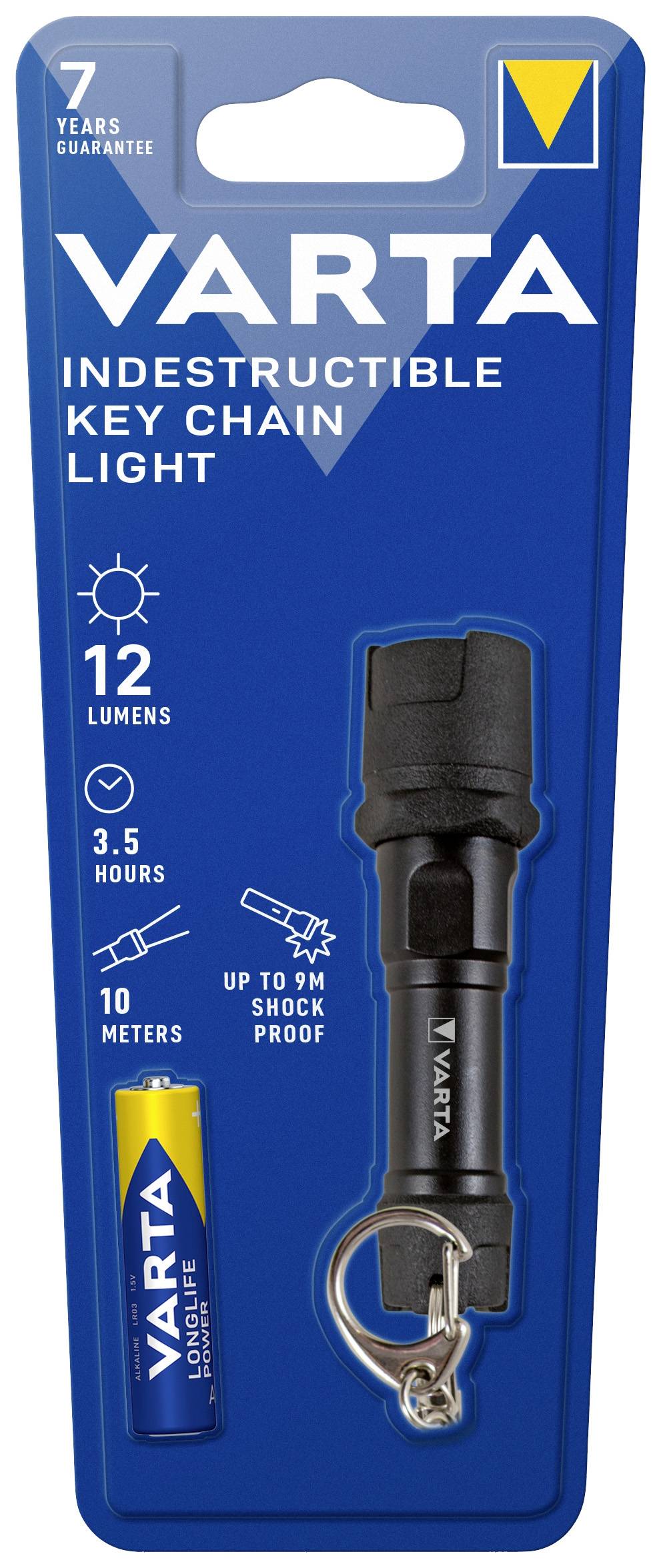 Taschenlampe mit Schlüsselanhänger. 12 Lumen, 3,5 Stunden Laufzeit. Wasserfest, stoßfest bis 9m. Inklusive Varta Batterie.