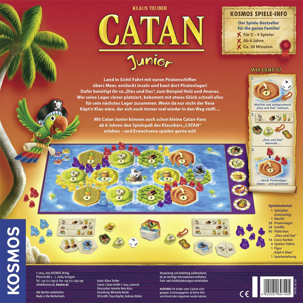 'Brettspiel Schachtel Rückseite von Catan Junior' zeigt einen Spielplan mit Inseln, Piratenschiff, Spielsteinen und Spielanleitung. Geeignet für 2-4 Spieler ab 6 Jahren, Dauer ca. 30 Minuten.