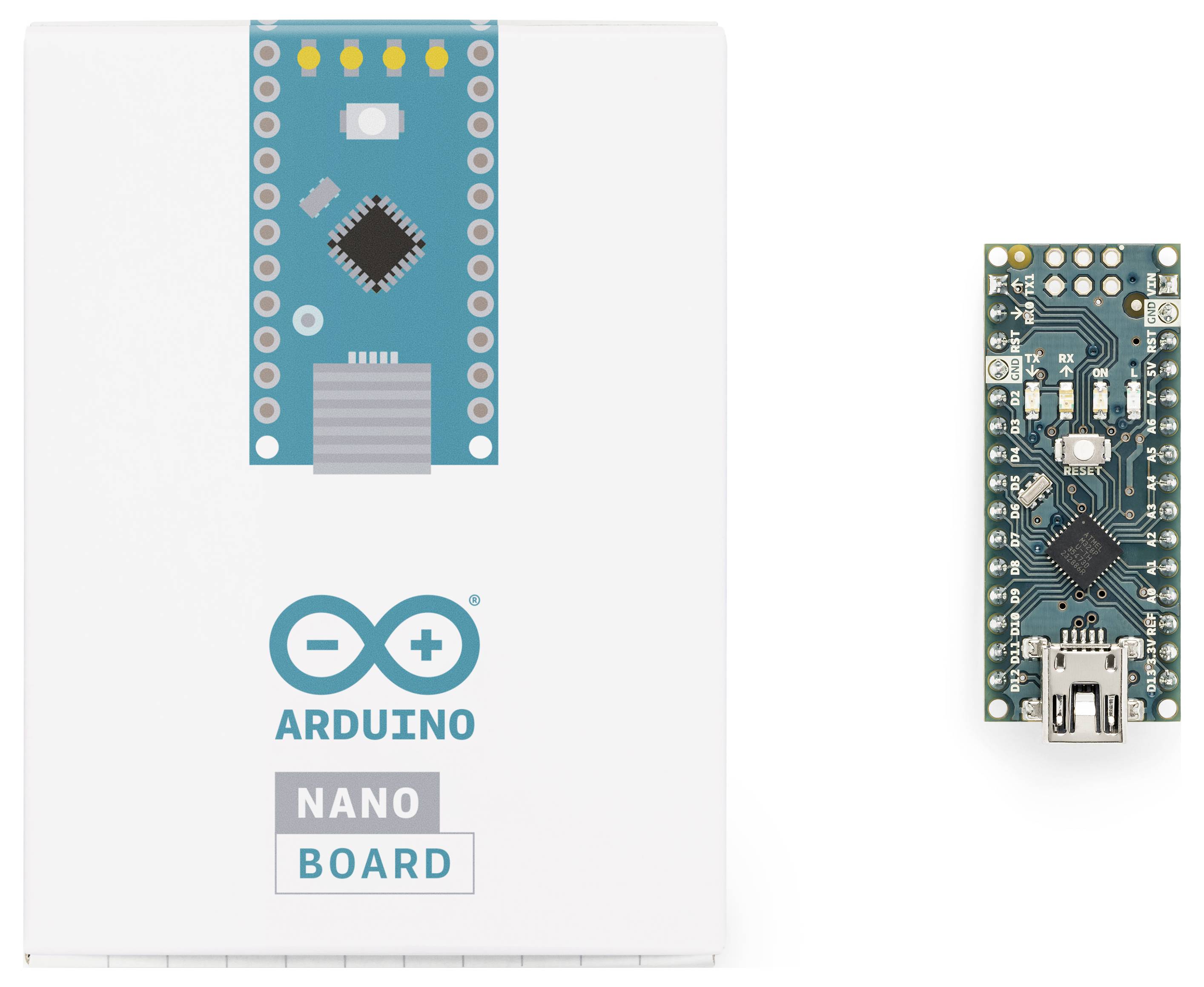 Arduino Nano Board-Produktbox neben dem kleinen blaugrünen Arduino Nano-Schaltkreis auf weißem Hintergrund dargestellt.