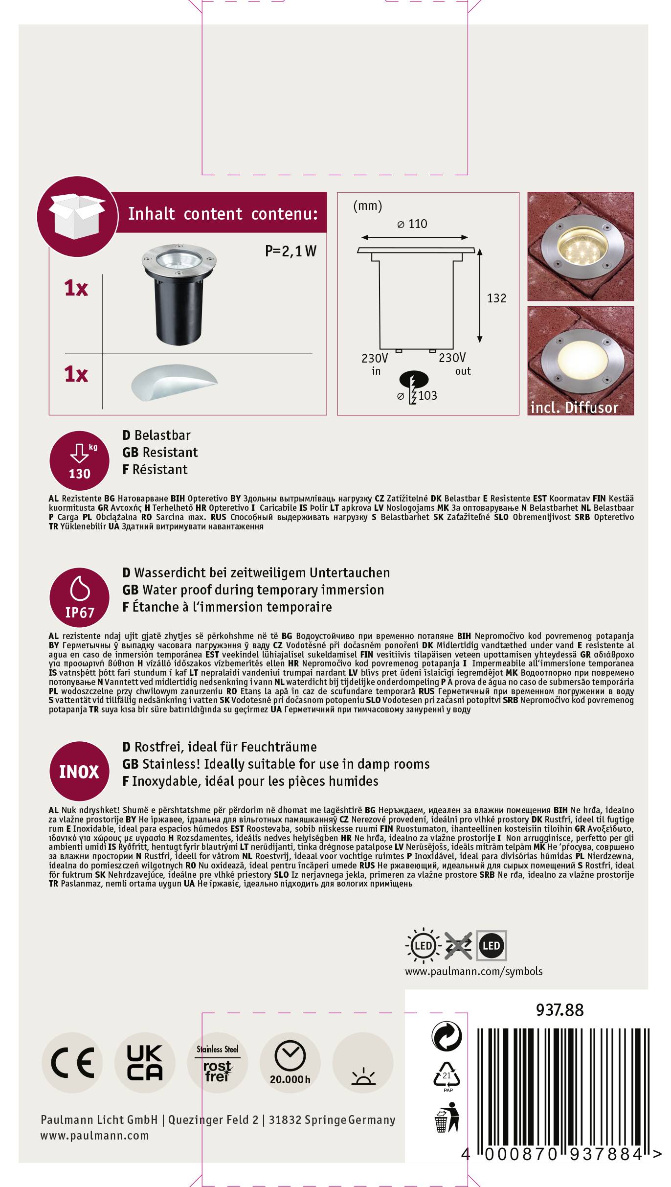 Paulmann 93788 Außeneinbauleuchte LED fest eingebaut LED 1.2W Edelstahl