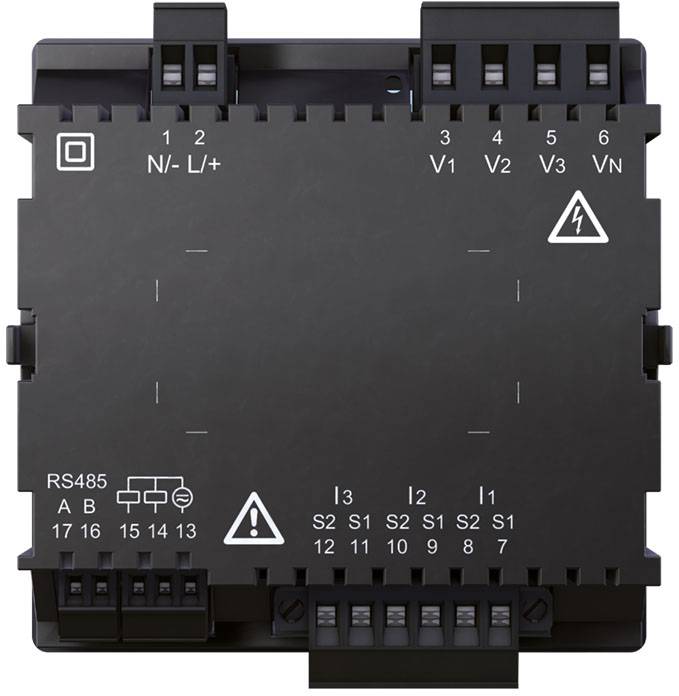 Ein schwarzes elektrisches Schaltmodul mit mehreren Anschlüssen, markiert mit 'V1', 'V2', 'V3' und 'VN'. Symbole für Spannung und Warnhinweise sind vorhanden.