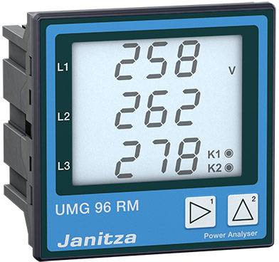 Ein digitales Display eines Power Analysers zeigt Spannungswerte: L1 258 V, L2 262 V, L3 278 V. Zwei Leuchtdioden K1 und K2 sind vorhanden.