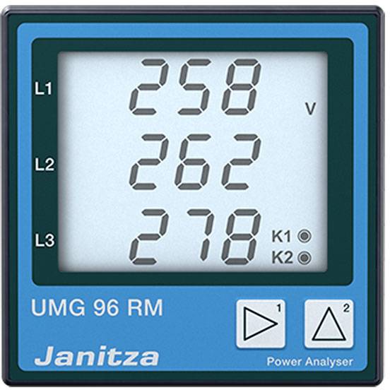 Ein digitales Messgerät zeigt Spannungswerte für L1, L2 und L3: 258V, 262V, 278V. Unten steht 'UMG 96 RM', ein 'Power Analyser'.