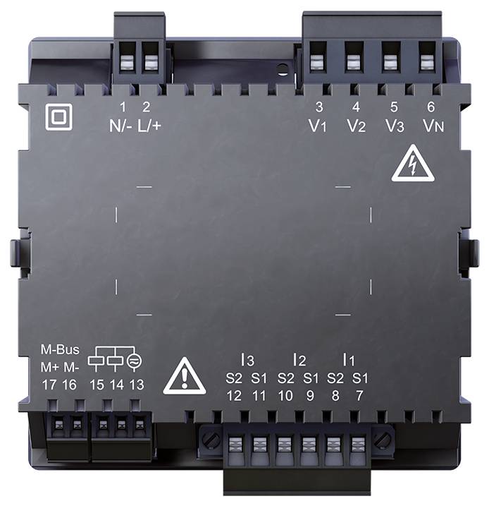 Elektronisches Bauteil mit mehreren Anschlussklemmen und Symbolen, einschließlich Dreiecken, Quadrat und Blitz. Beschriftet mit N-, L+, V1, V2, V3, VN.