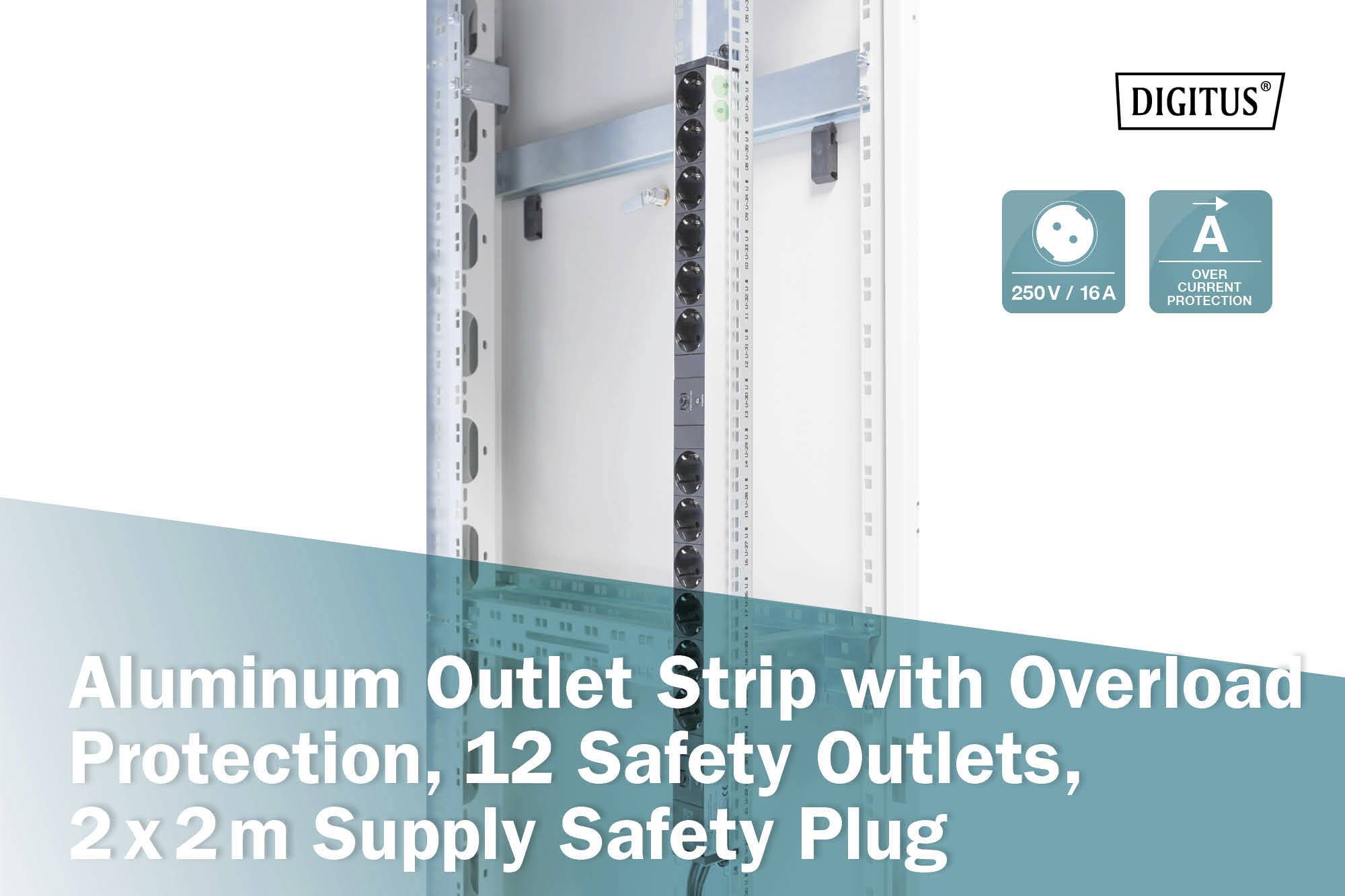 'Ein Aluminium-Steckdosenleiste mit Überlastschutz, 12 Schutzsteckdosen, und einem 2x2m Sicherheitsstecker' auf blauem Hintergrund.