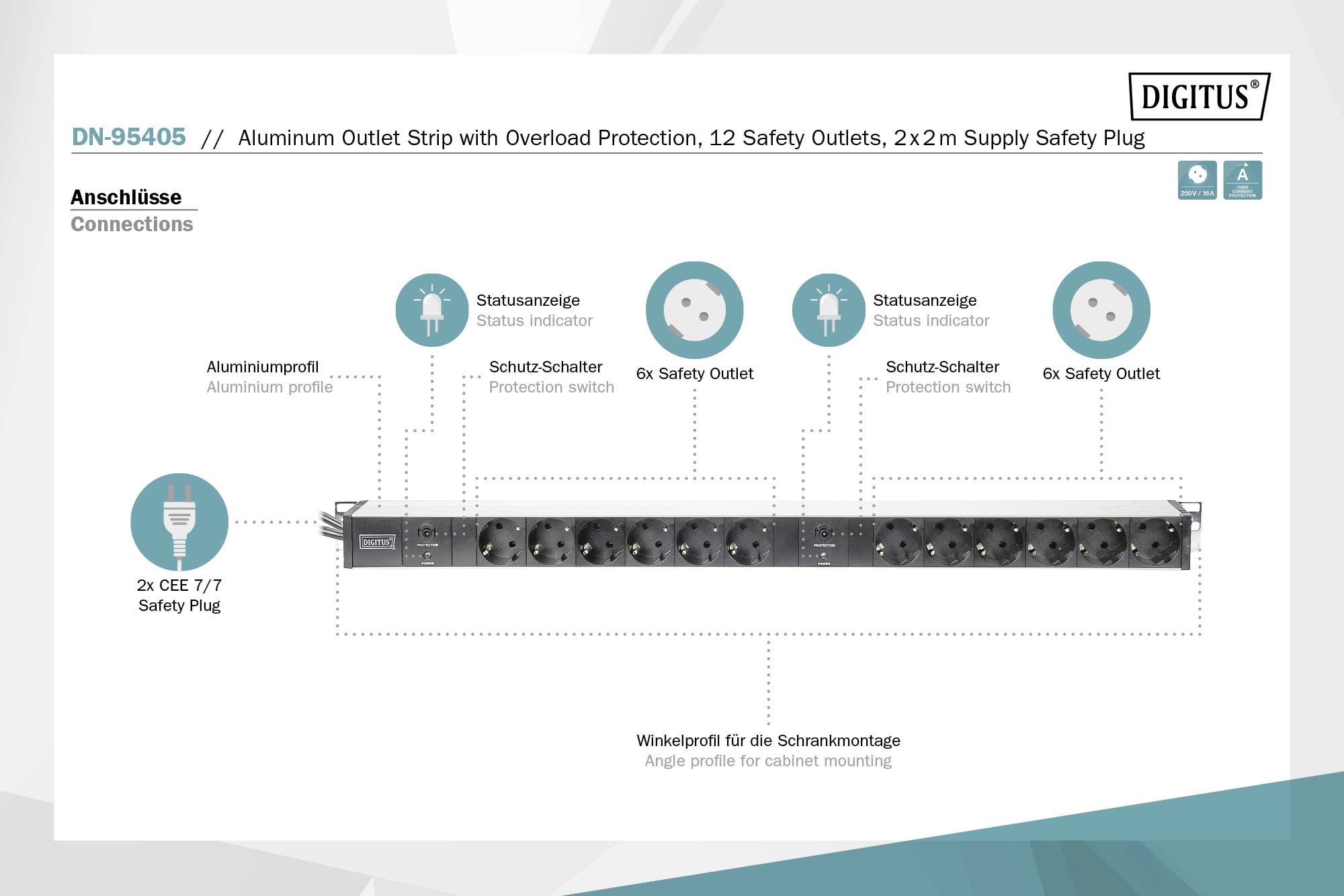 Aluminium Steckdosenleiste mit Überlastschutz, 12 Schutzkontaktsteckdosen, 2x 2m Zuleitung, Hutschienenbefestigung möglich.