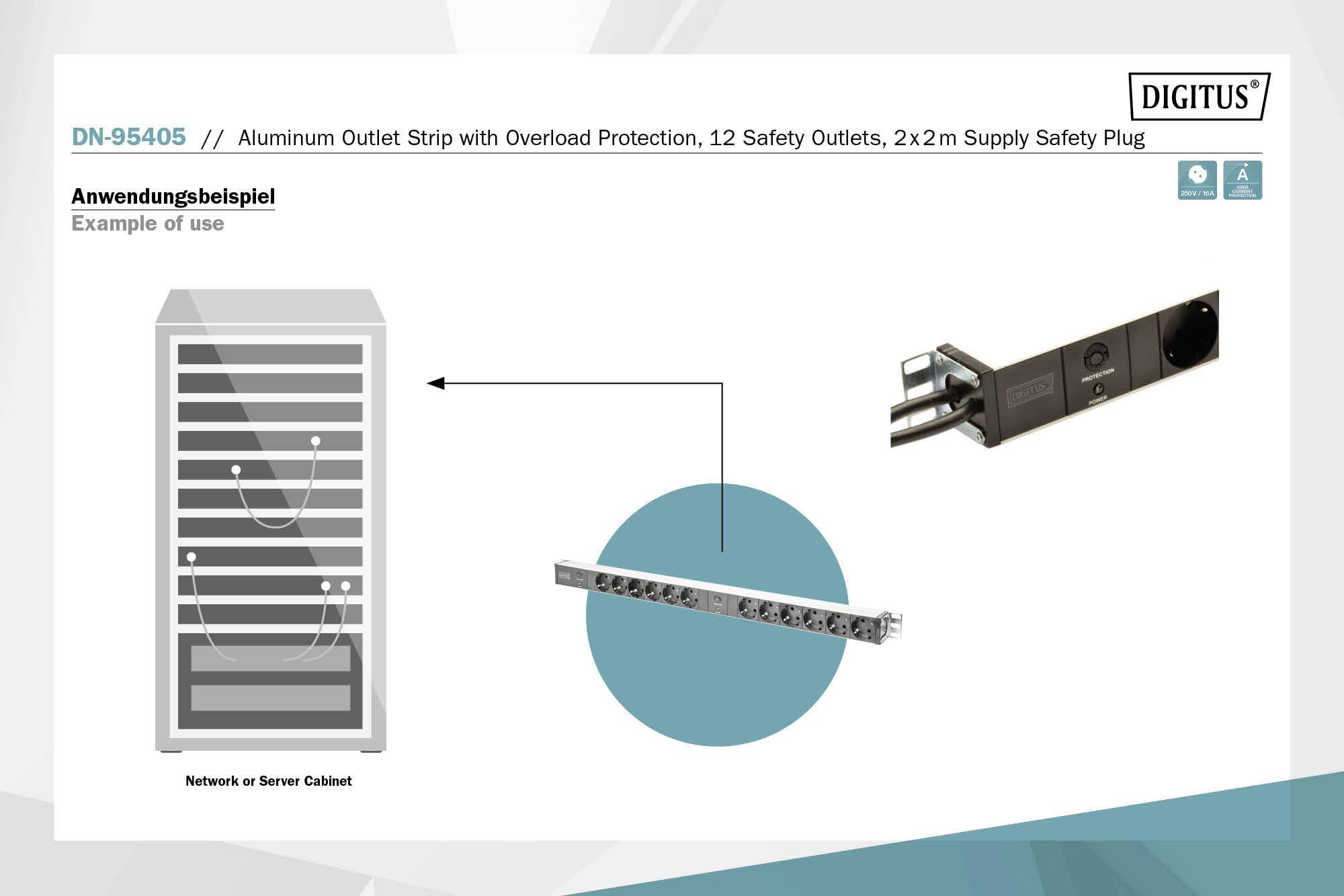 'Beispiel zur Anwendung': Eine Steckdosenleiste wird gezeigt, die in einem Server- oder Netzwerkschrank verbunden ist.