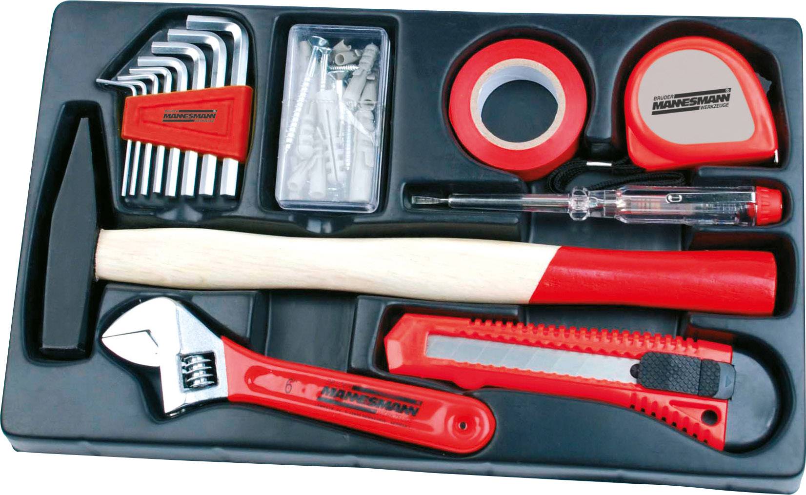 Werkzeugset in schwarzer Box mit Hammer, Schraubendreher, Schneidemesser, Maßband, Innensechskantschlüssel, Schrauben und Dübel.