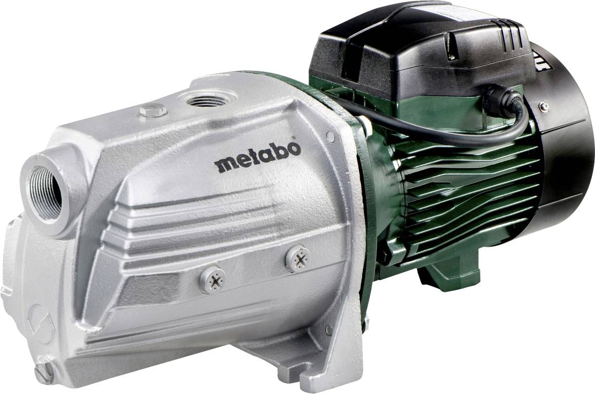 Elektrische Wasserpumpe mit silberner und grüner Gehäuse, Marke „metabo