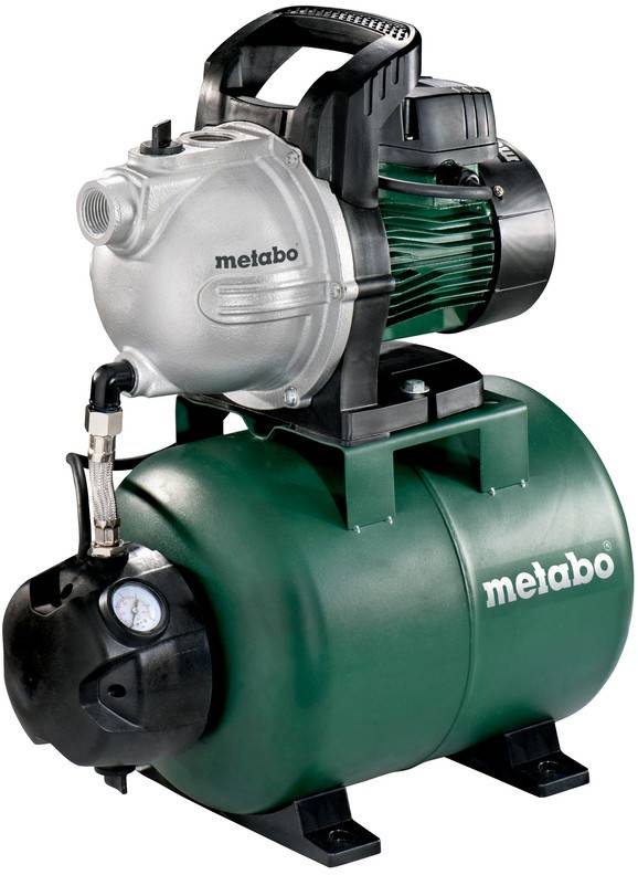 Tragbarer Metabo-Luftkompressor mit Motor und Drucktank, dargestellt vor weißem Hintergrund.