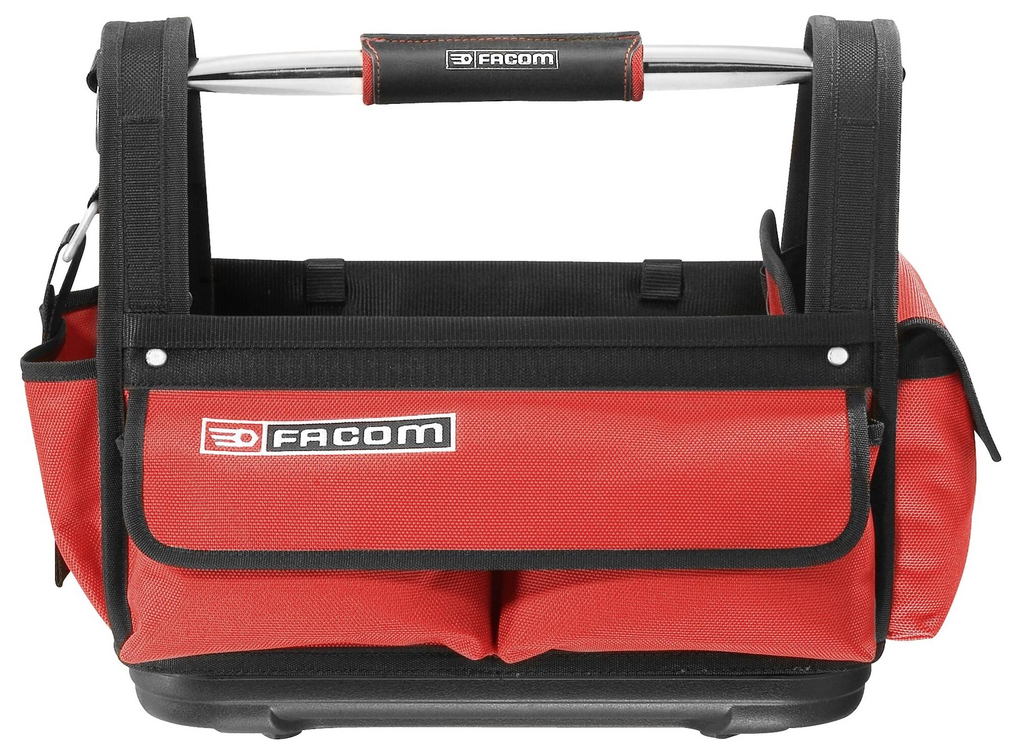 Rote und schwarze Werkzeugtasche mit dem Logo eines Herstellers auf der Vorderseite, robustes Design und mehrere Seitentaschen.