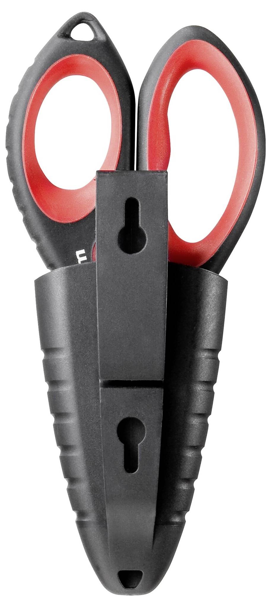 Eine schwarze Schere mit roten Griffen steckt in einer schwarzen Kunststoffhülle, die eine Wandmontage ermöglicht.