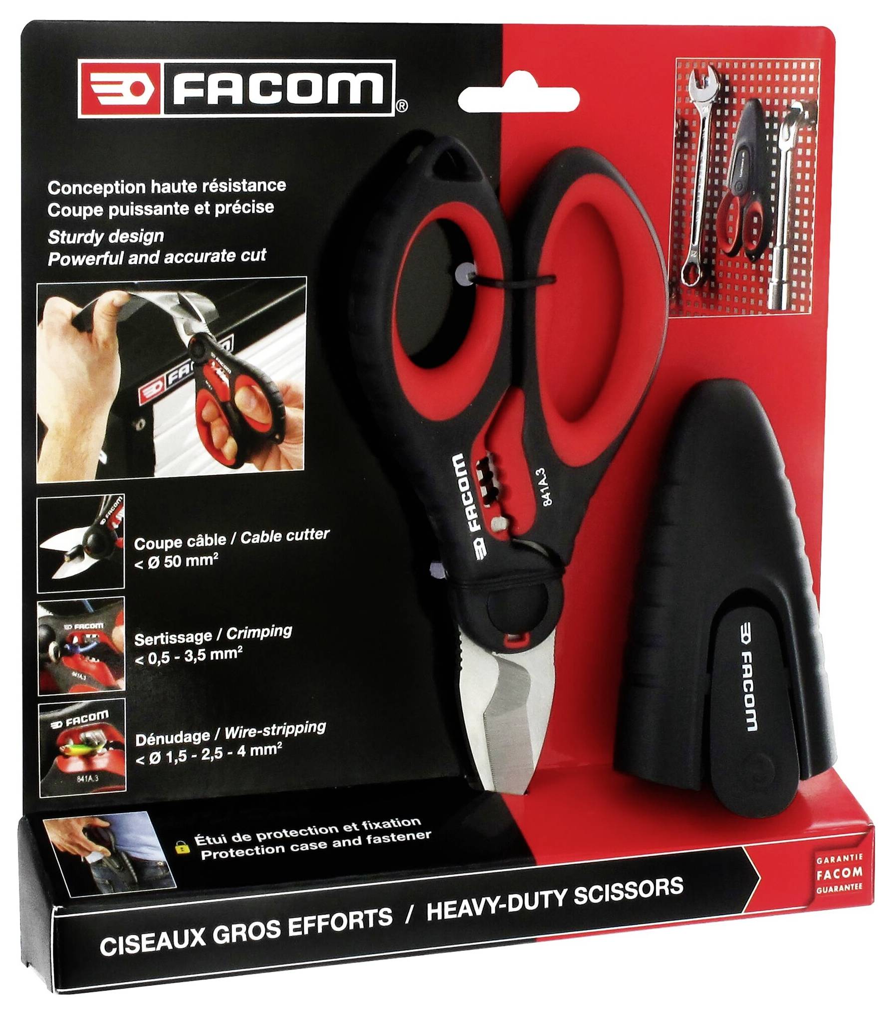 Schere 'Facom' in Verpackung, betont robuste Bauweise und präzisen Schnitt. Verpackung zeigt Anwendungsbilder und Details.