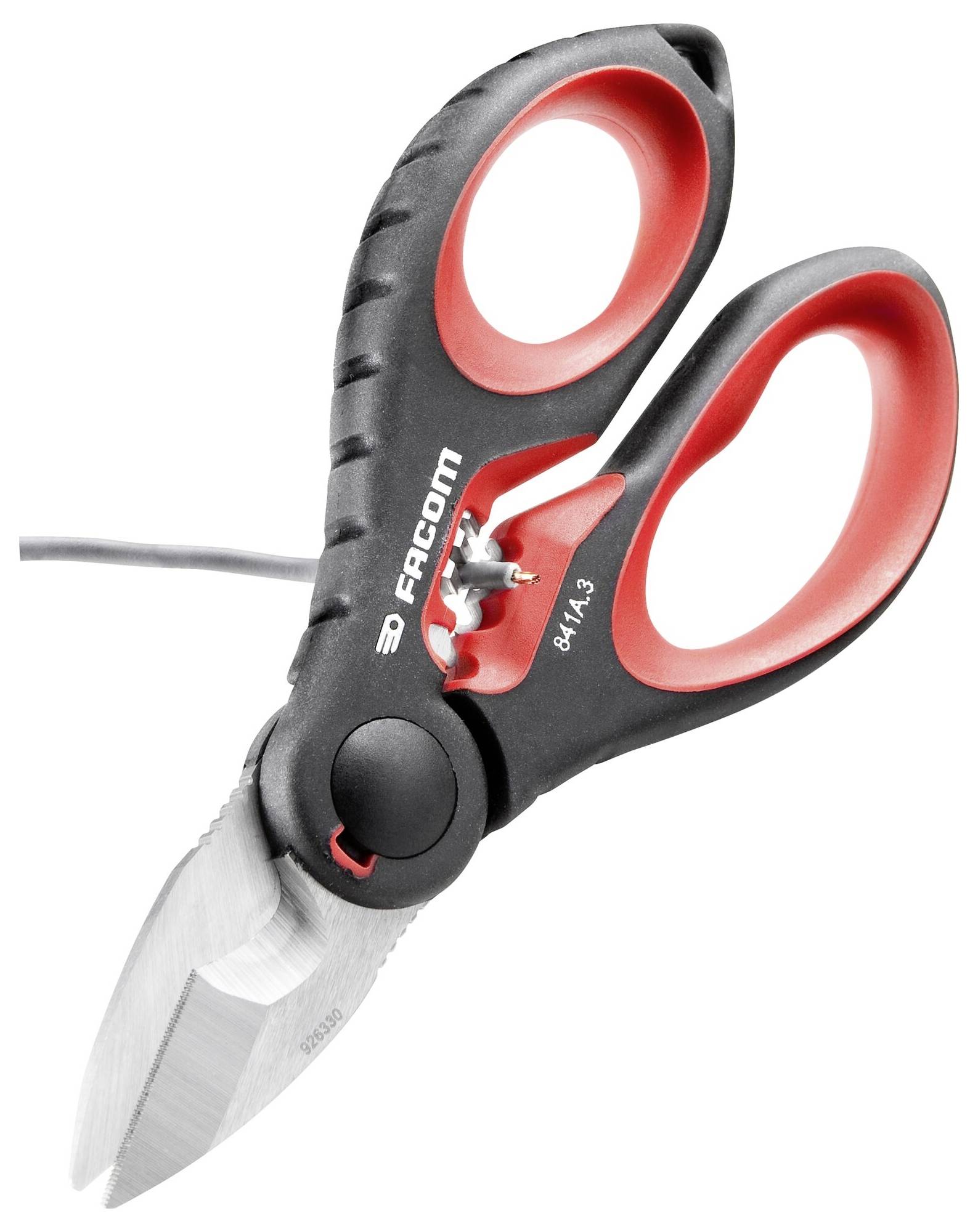 Eine rote und schwarze Schere mit gezackten Klingen. Sie wird zum Schneiden von Draht oder dicken Materialien verwendet.