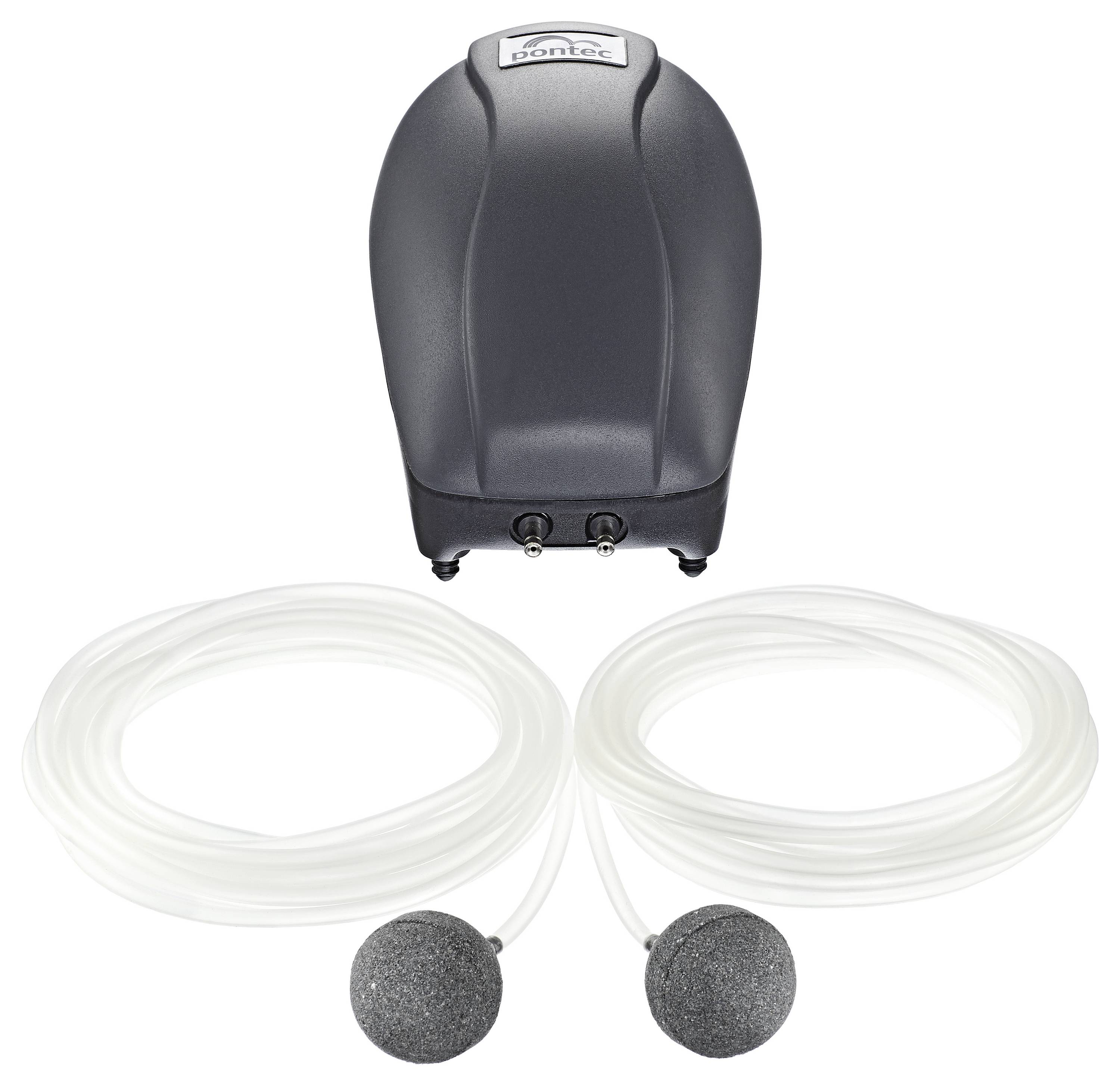 Aquarienluftwandler mit doppelten Ausgängen und zwei Ausströmersteinen, ausgestattet mit weißem Schlauch zum Belüften von Aquarien.