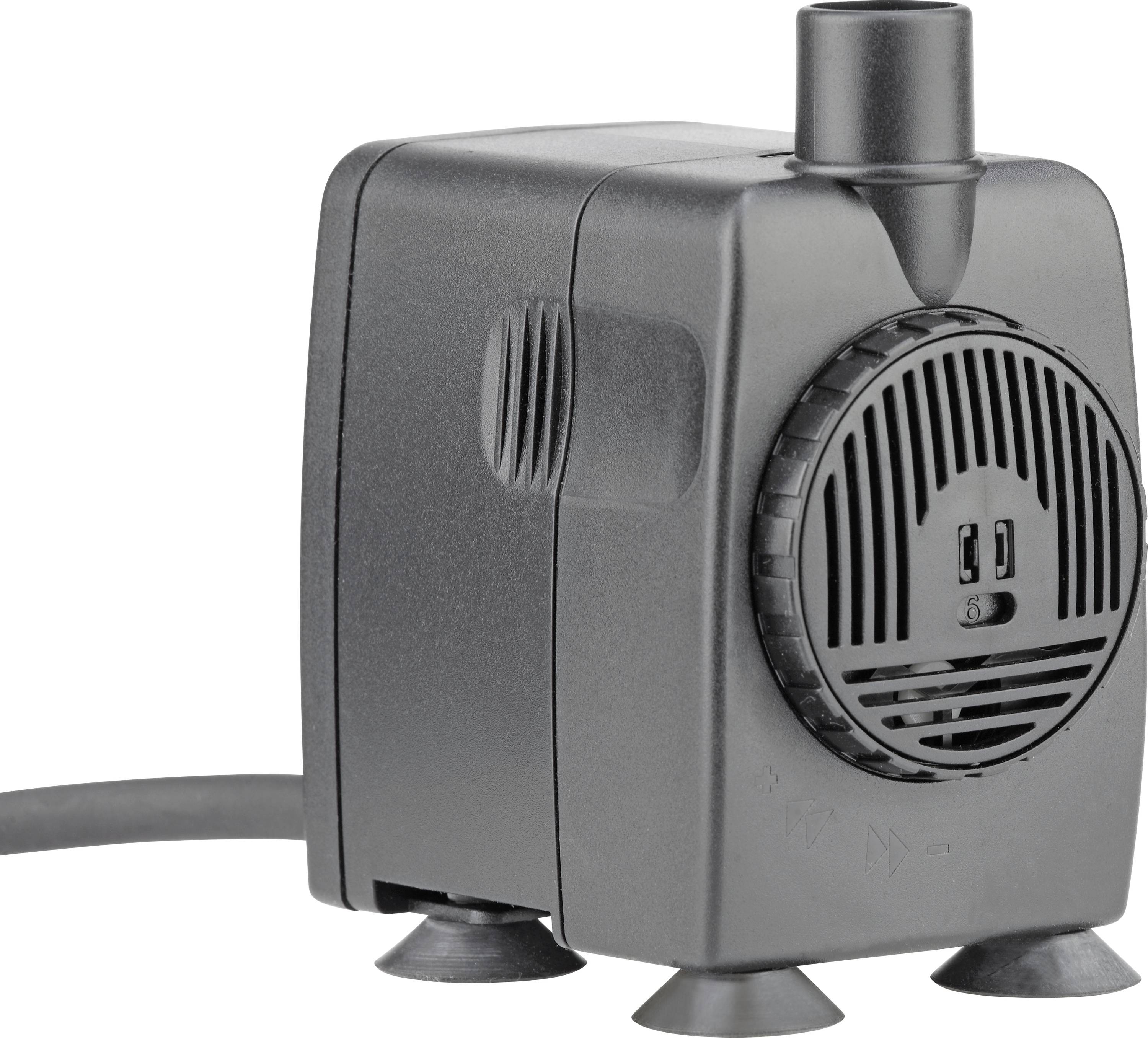 Eine kleine schwarze Wasserpumpe mit einem runden Lüftungsauslass und zwei Saugnäpfen als Füße, entwickelt für Aquarien oder kleine Wasserspiele.