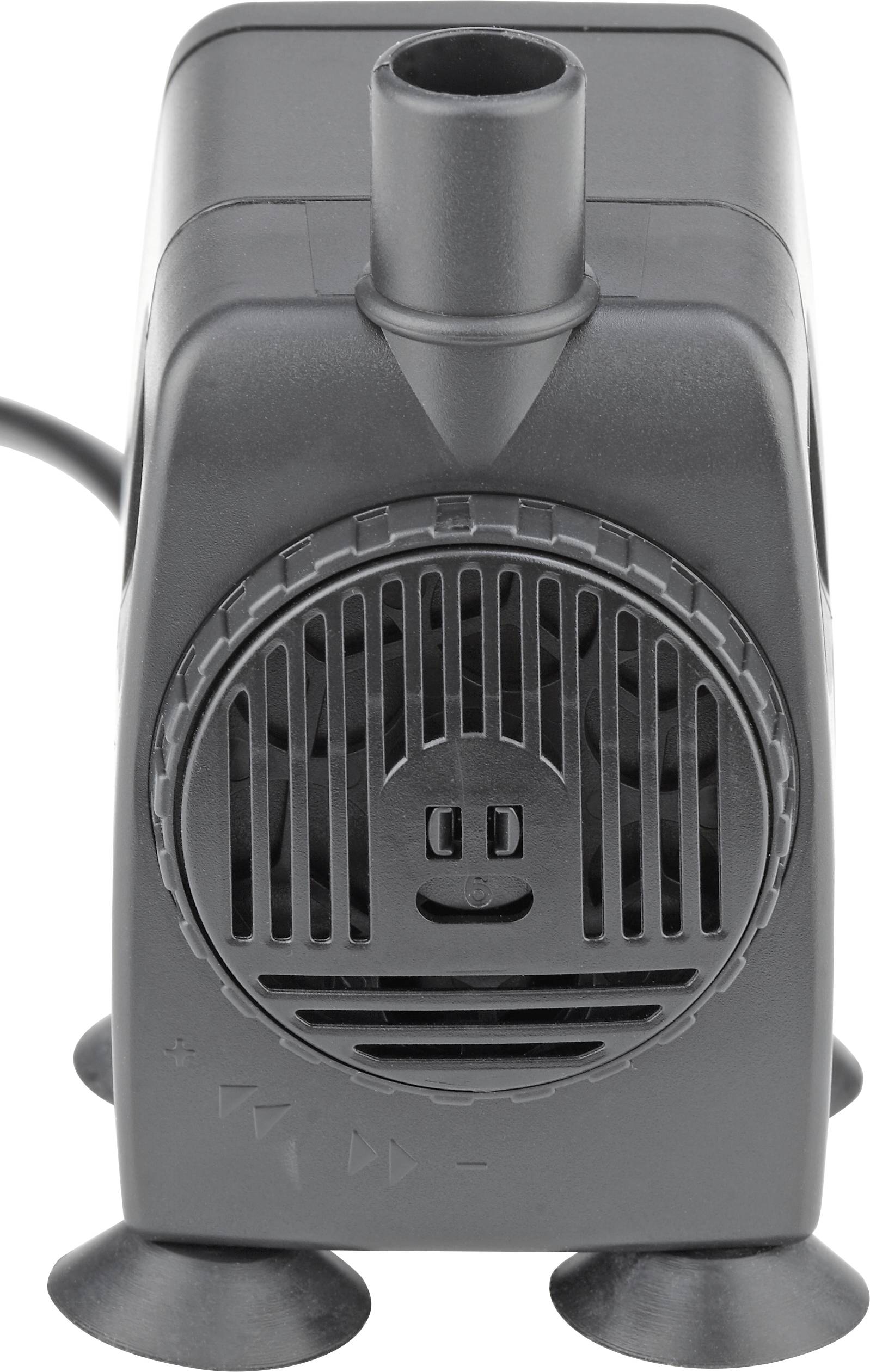 Eine kleine schwarze Wasserpumpe mit einem zylindrischen Auslass an der Oberseite und Saugnäpfen an der Basis, die für Aquarien oder kleine Brunnen verwendet wird.