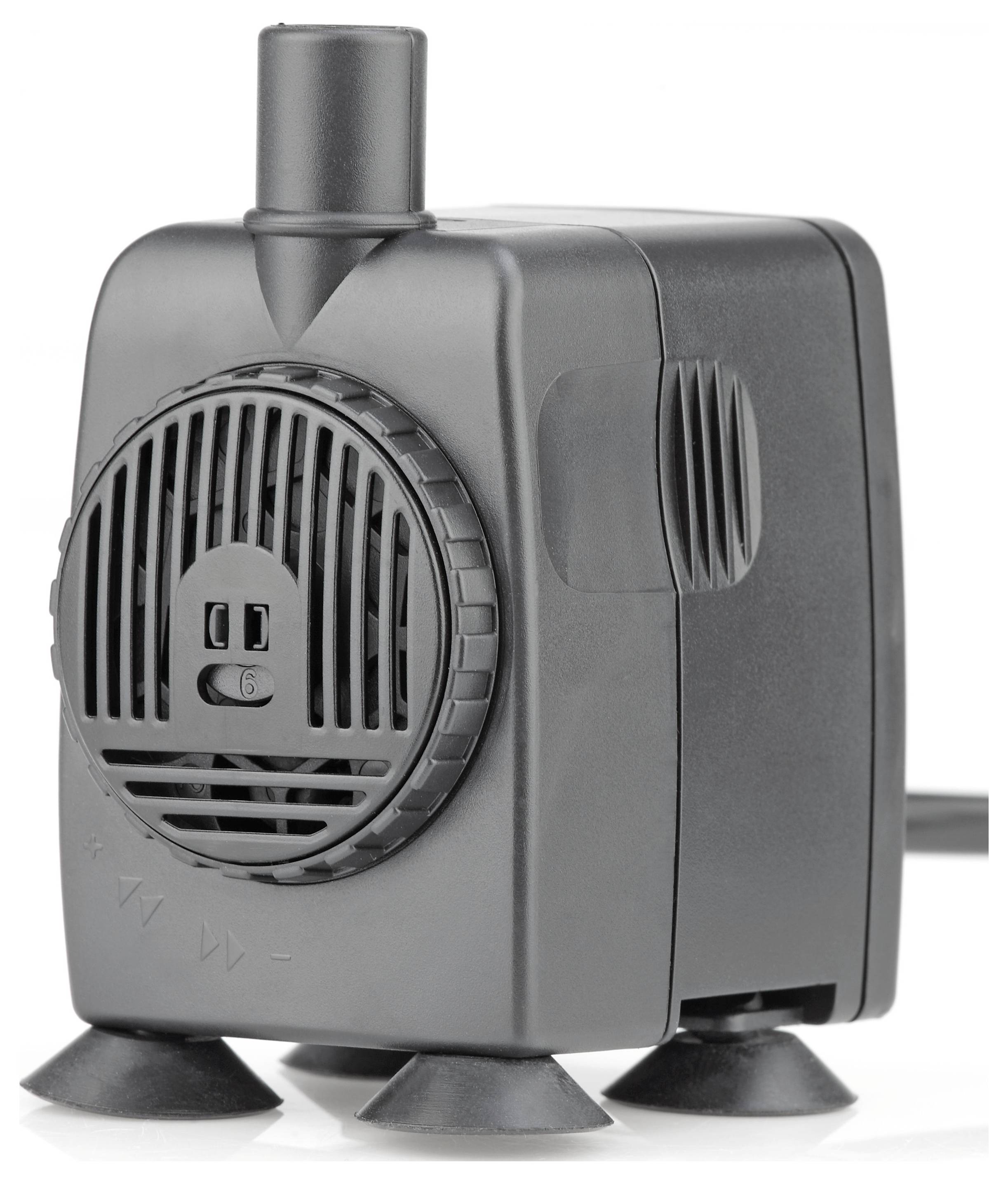 Eine schwarze Wasserpumpe mit zylindrischem Auslauf und vier Saugnapfen an der Basis, die für eine stabile Befestigung entwickelt wurde. Belüftungsschlitze sind seitlich sichtbar.