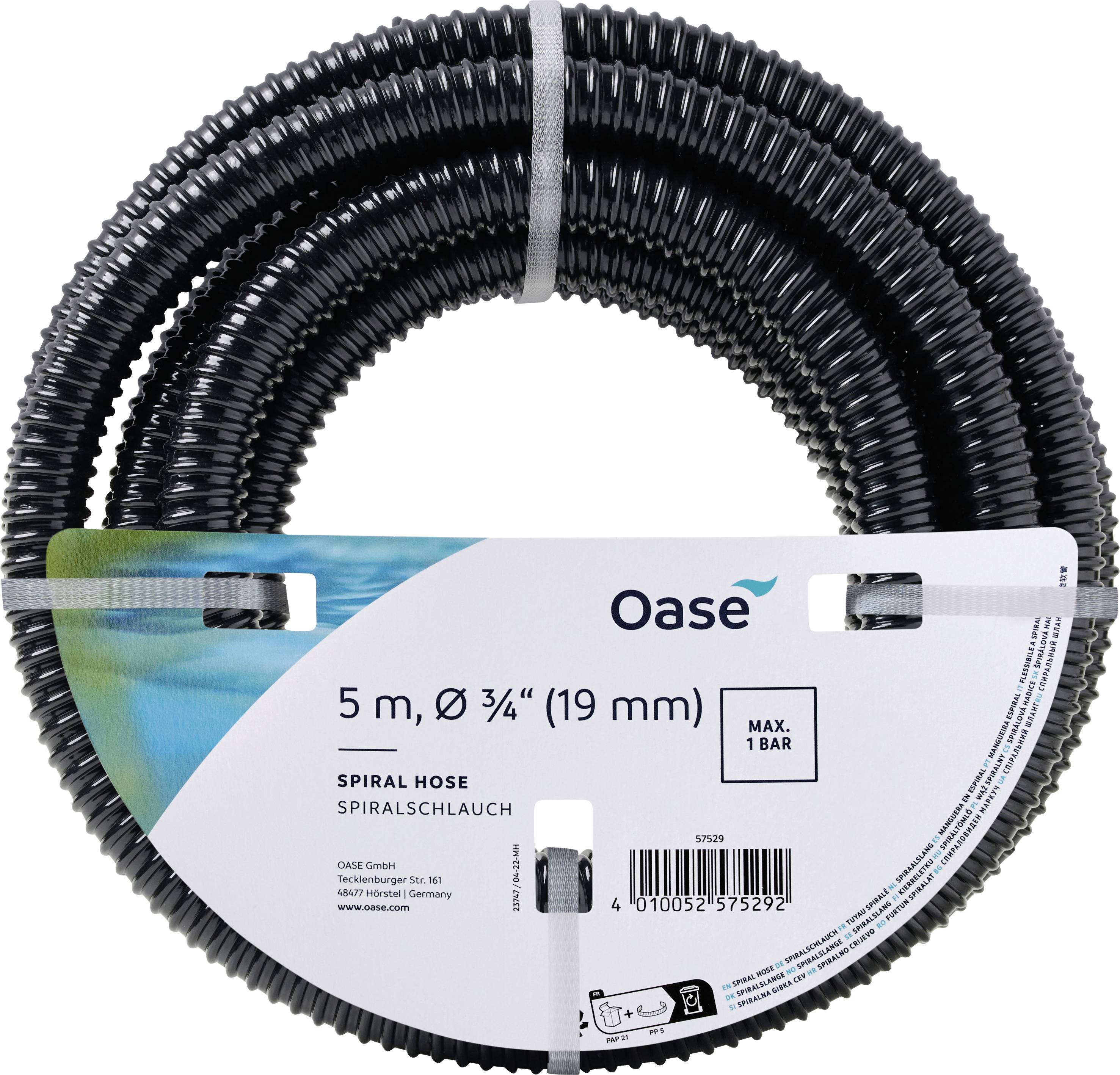 Schwarzer Spiralschlauch, 5 Meter lang und 19 mm im Durchmesser, von Oase. Max. Druck: 1 bar.