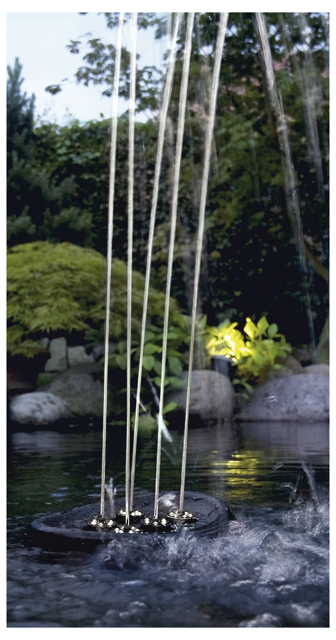 Ein Gartentümpel mit Brunnenanlage, Wasserstrahlen, die sich über Steine wölben, umgeben von üppiger Vegetation und sanft beleuchtet.