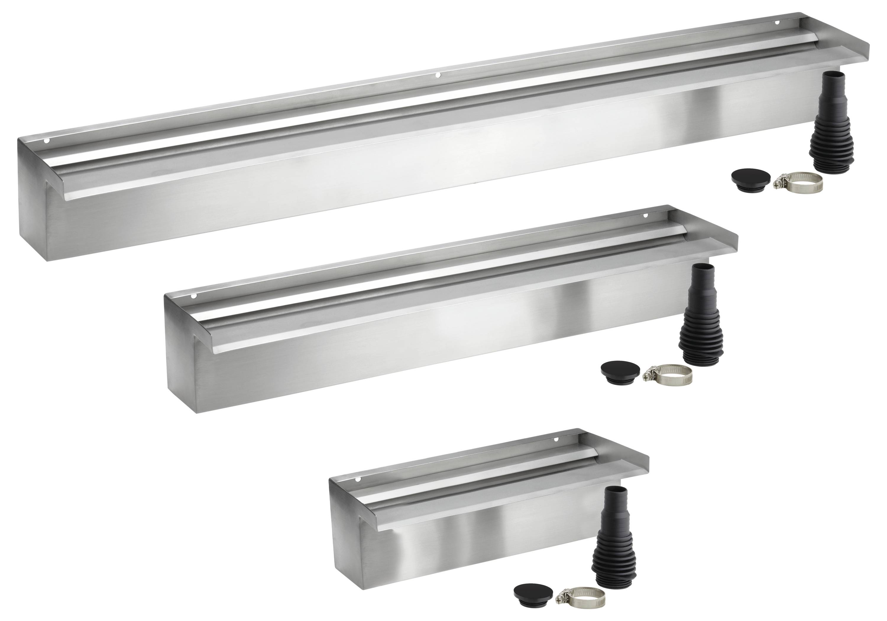 Drei Edelstahl-Linearablaufrinnen und Zubehör.