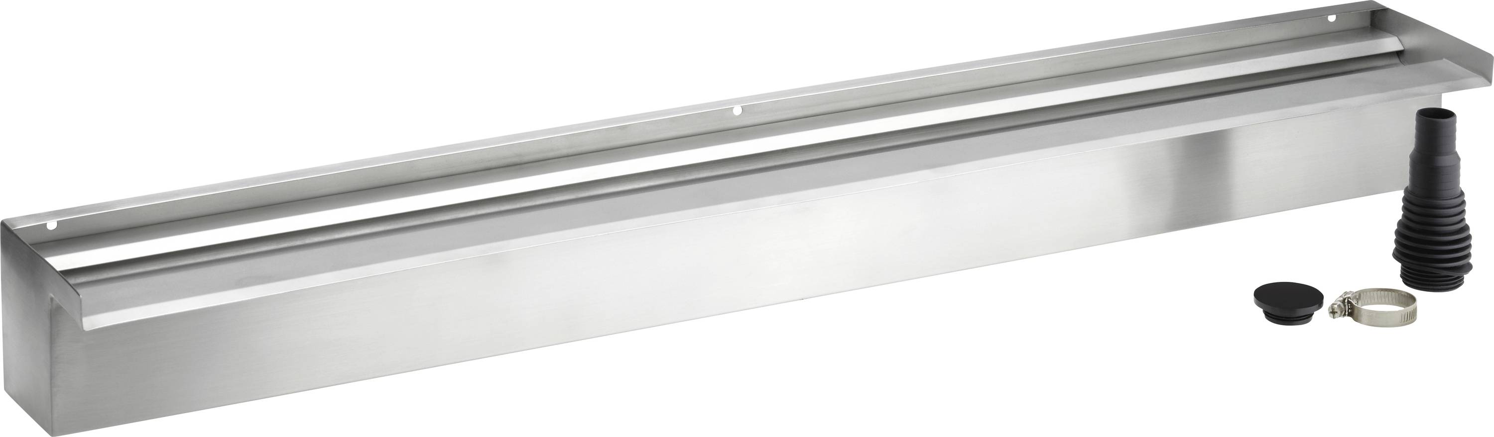 Ein Edelstahl-Linearentwässerungskanal mit integrierten Zubehörteilen, wie einem Gummianschluss und Dichtungselementen, vor weißem Hintergrund.