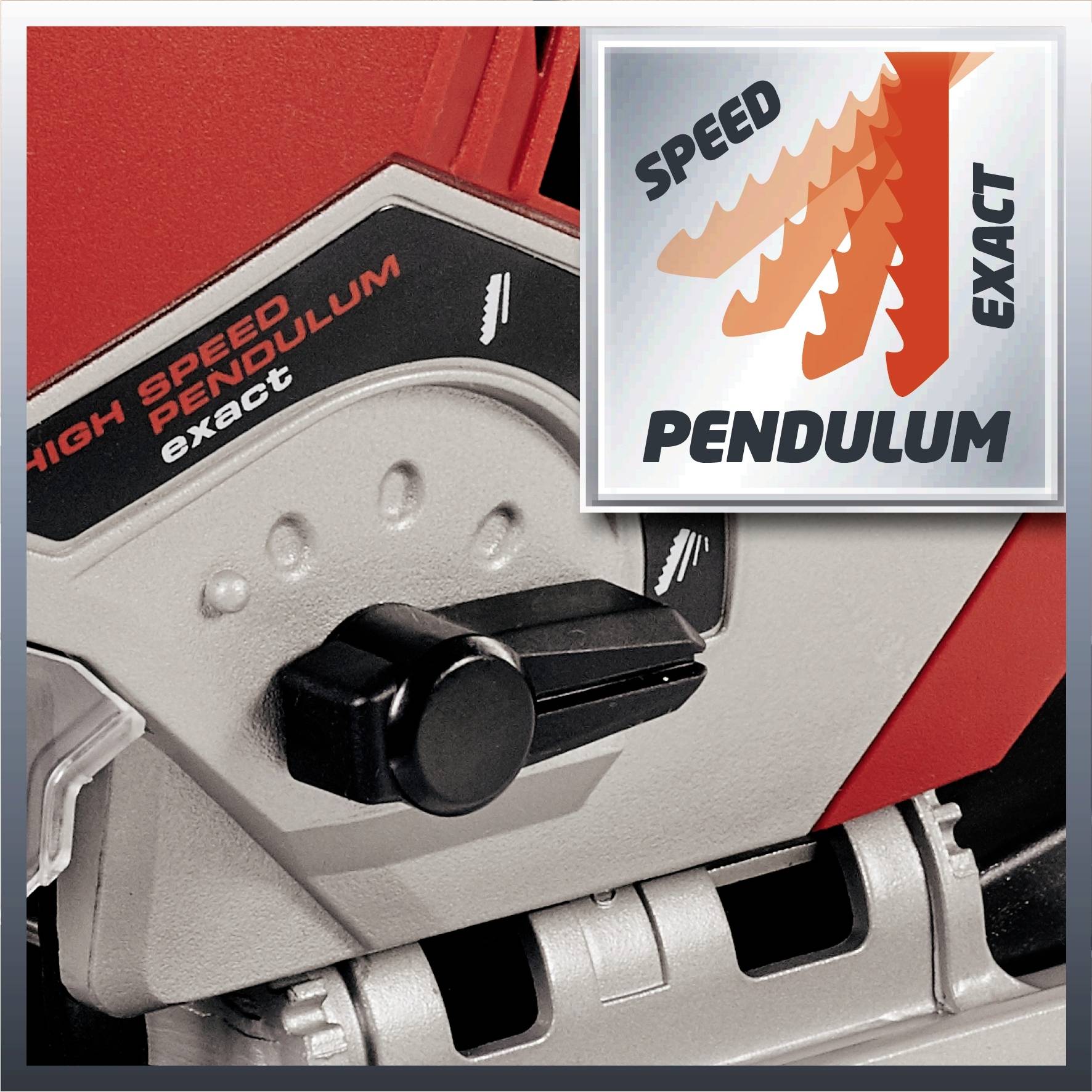 Elektrisches Werkzeug mit Regler für Geschwindigkeit und Pendelbewegungseinstellung. Text: High Speed Pendulum, Exact.