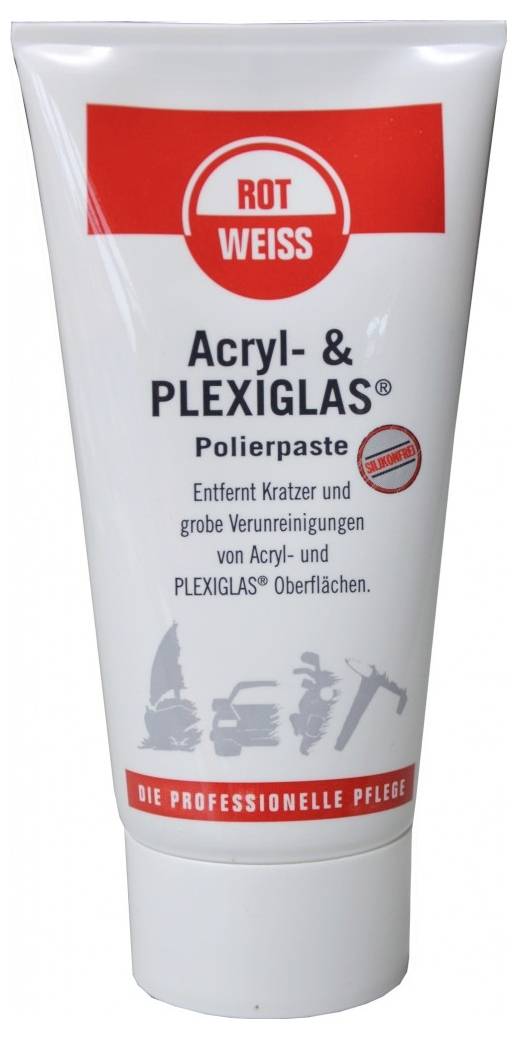 Eine Tube 'Rot Weiss' Acryl- und Plexiglaspoliermittel, verwendet zum Entfernen von Kratzern und Schmutz von Acryl- und Plexiglaskoberflächen.