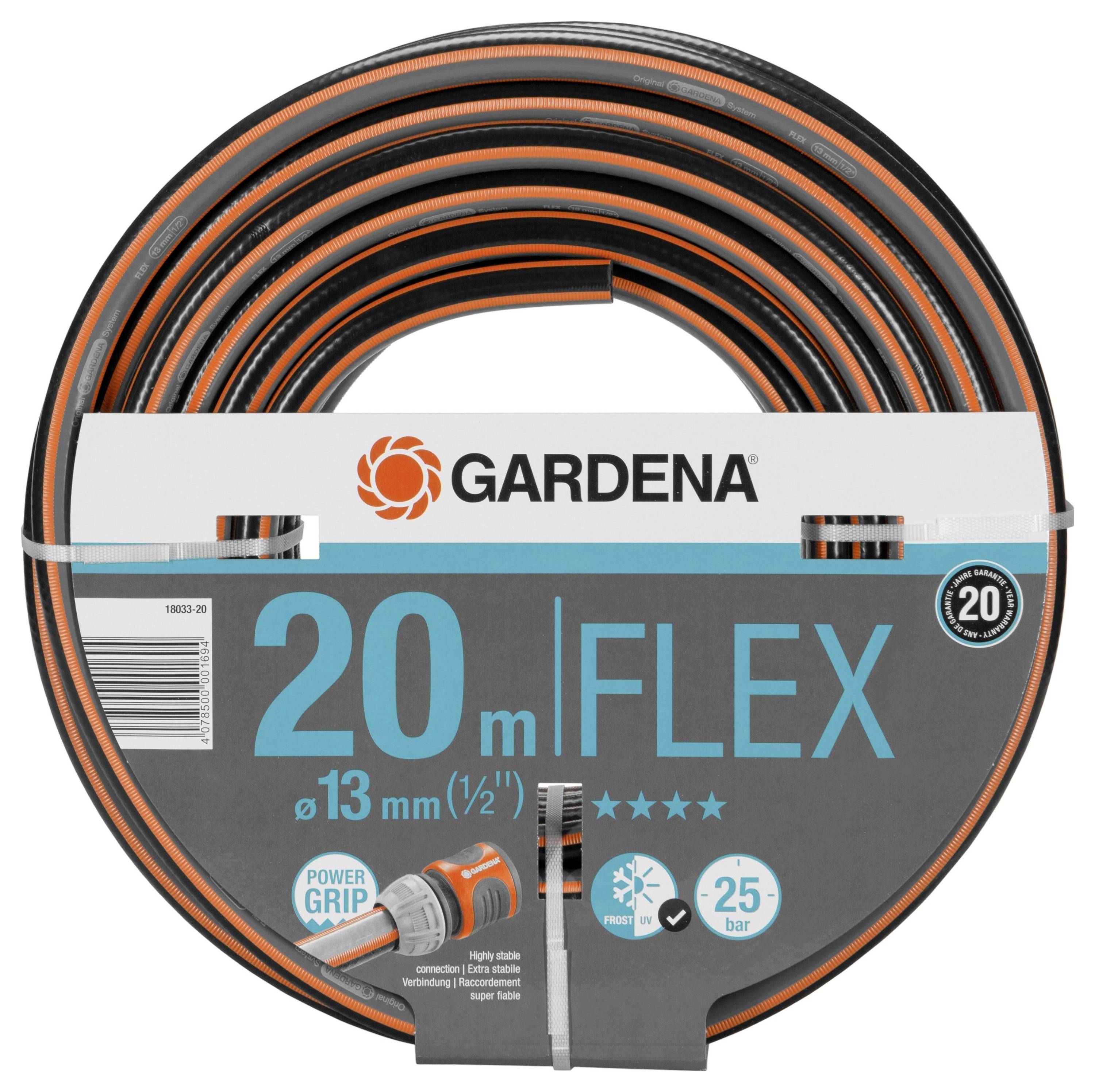 Gartenschlauch von Gardena, 20 m lang und 13 mm Durchmesser, für 25 bar Druck, mit Power Grip und flexibler Konstruktion.