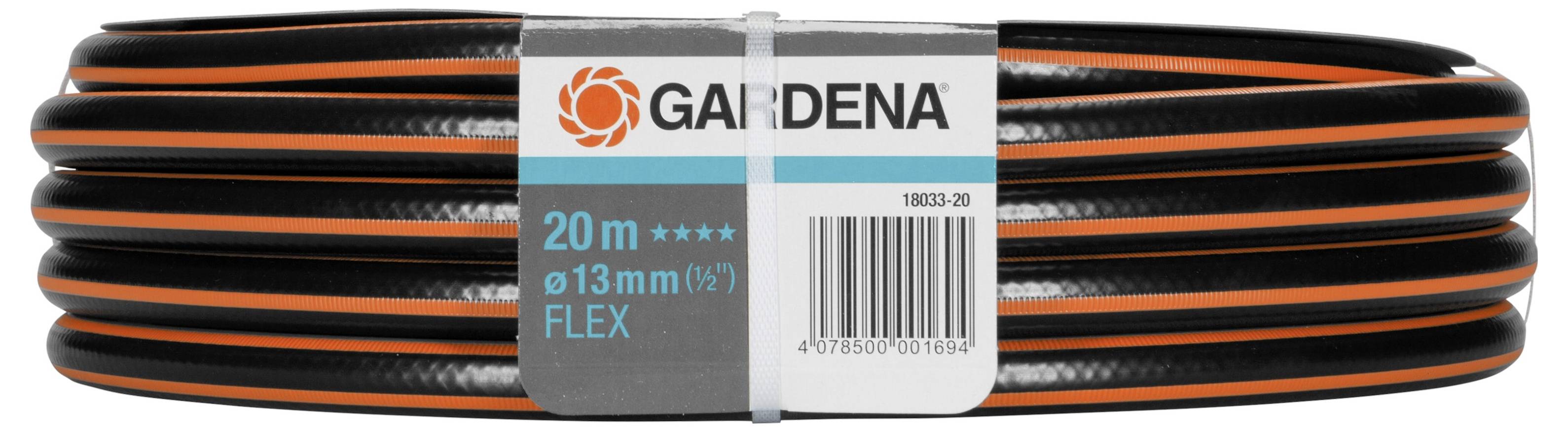Gartenschlauch von Gardena, 20 Meter, Durchmesser 13mm (1/2 Zoll), Modell 'Flex', in schwarz-orange.