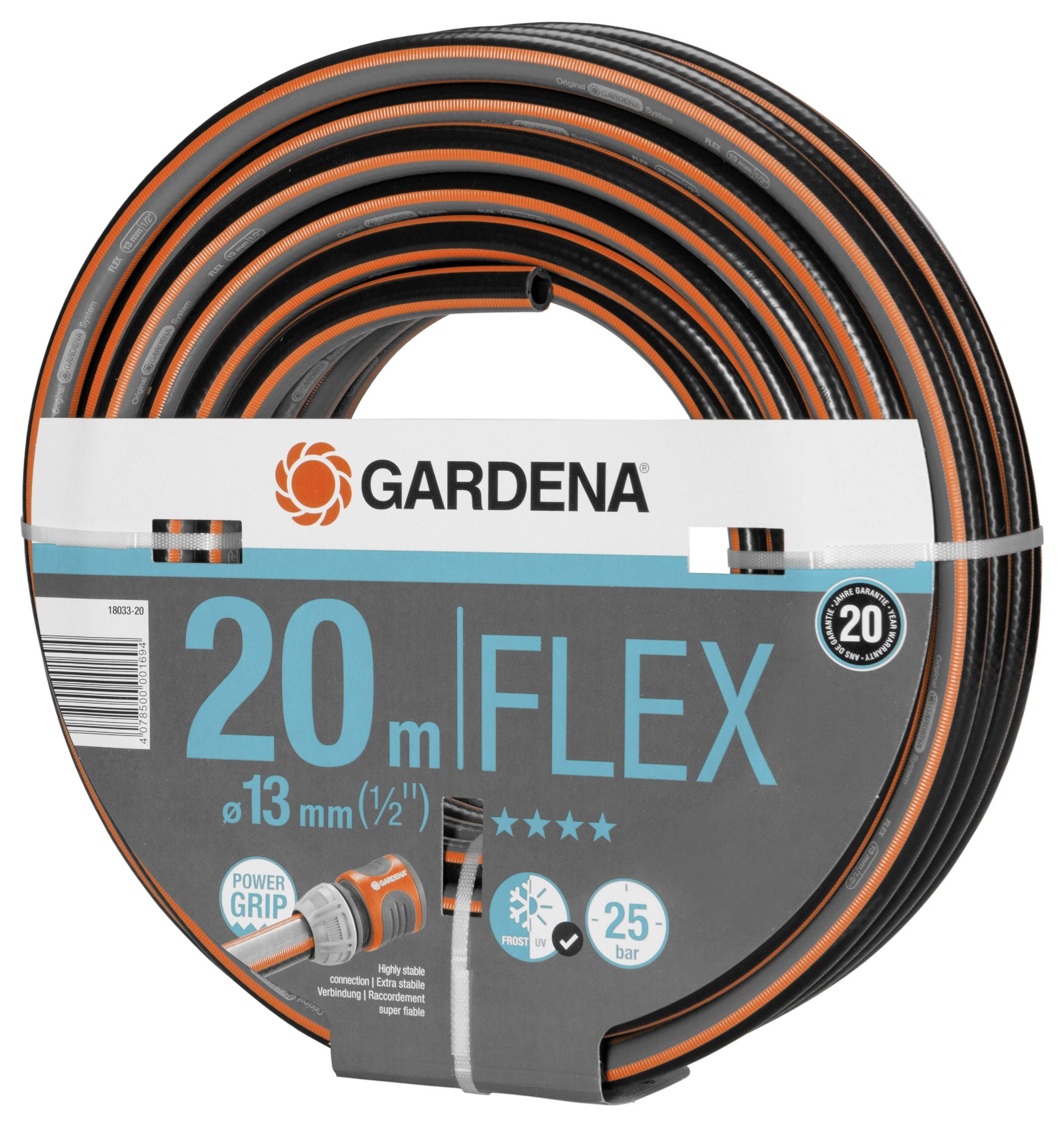 Gartenschlauch, Marke Gardena, Modell '20 m Flex', Durchmesser 13 mm. Verpackung zeigt orange-schwarzes Schlauchdesign und Power Grip.
