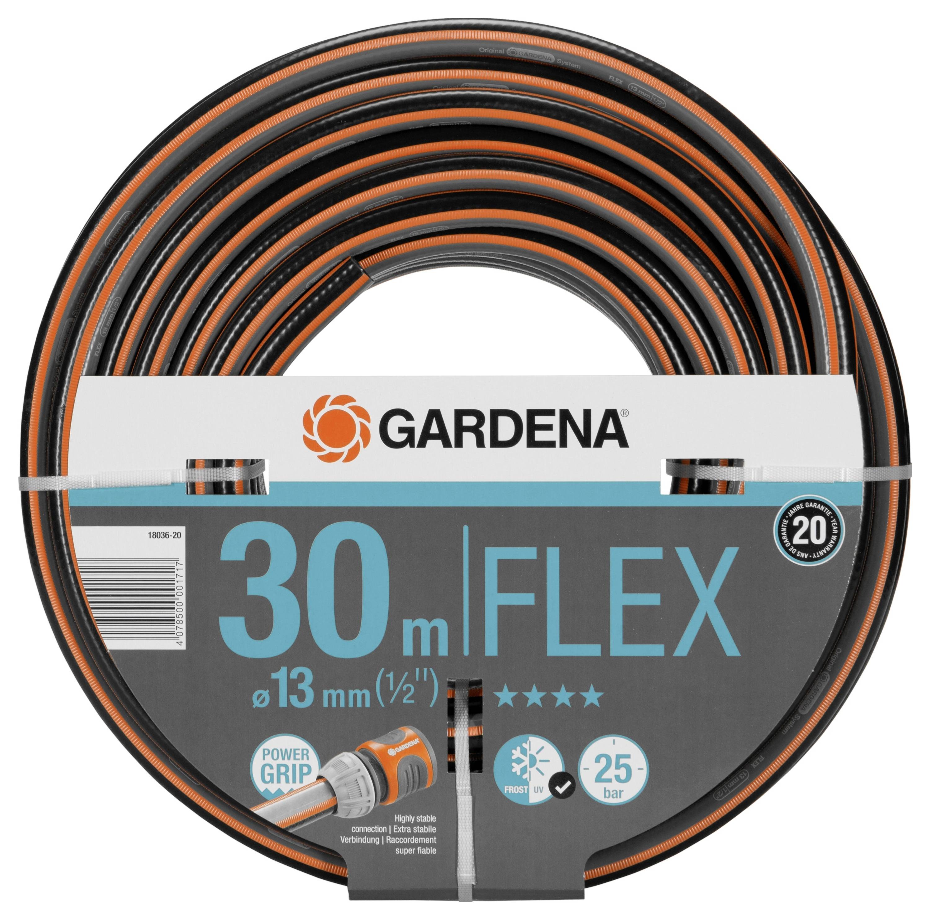 Gartenschlauch der Marke Gardena, Modell FLEX, 30 Meter lang, 13 mm Durchmesser. Mit Power Grip und 25-jähriger Garantie.