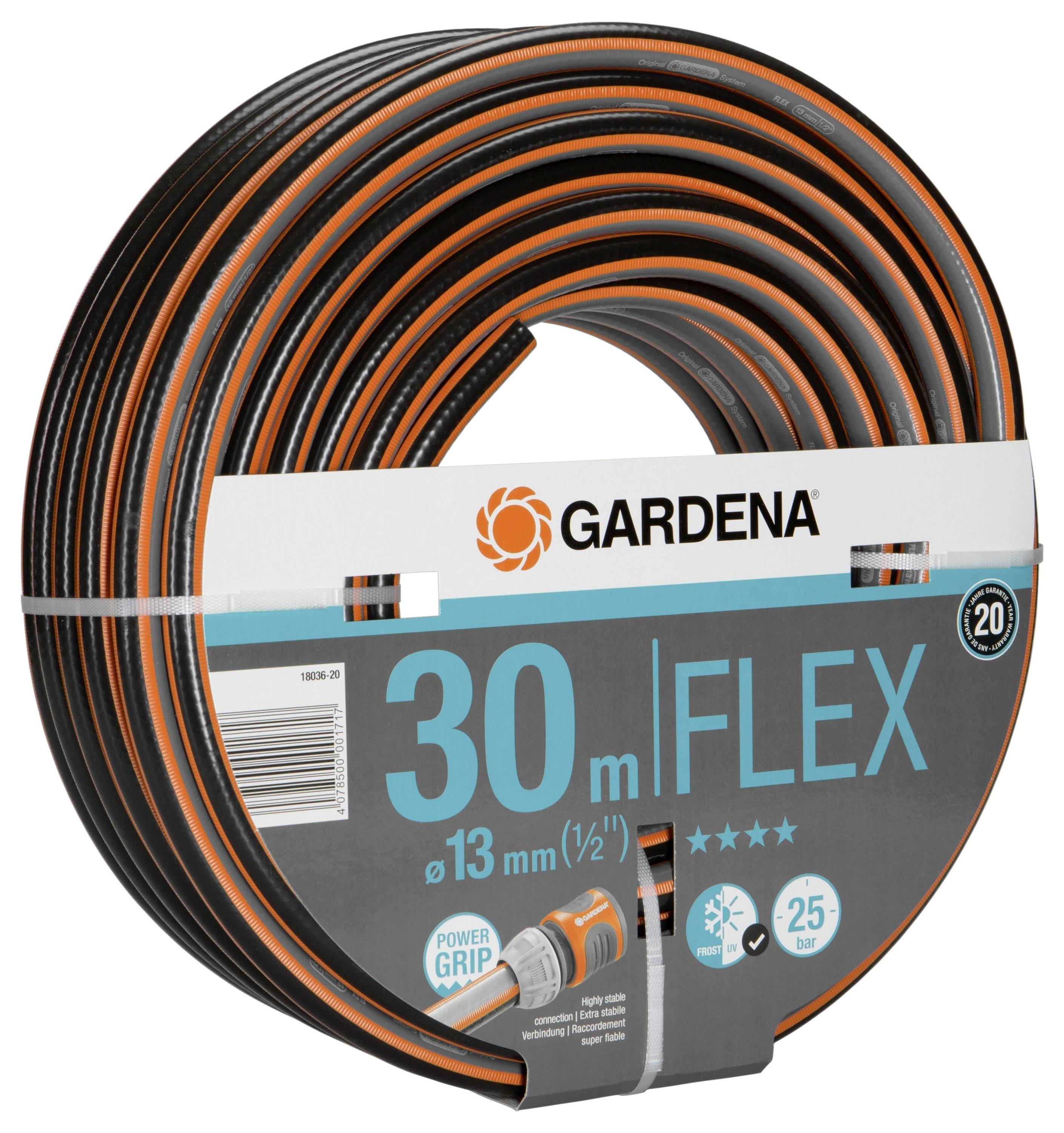 'GARDENA' Gartenschlauch, Flex-Serie, 30m, Durchmesser 13mm, geeignet für 25 bar, mit Power-Grip-Profil, schwarze und orangefarbene Ringe.