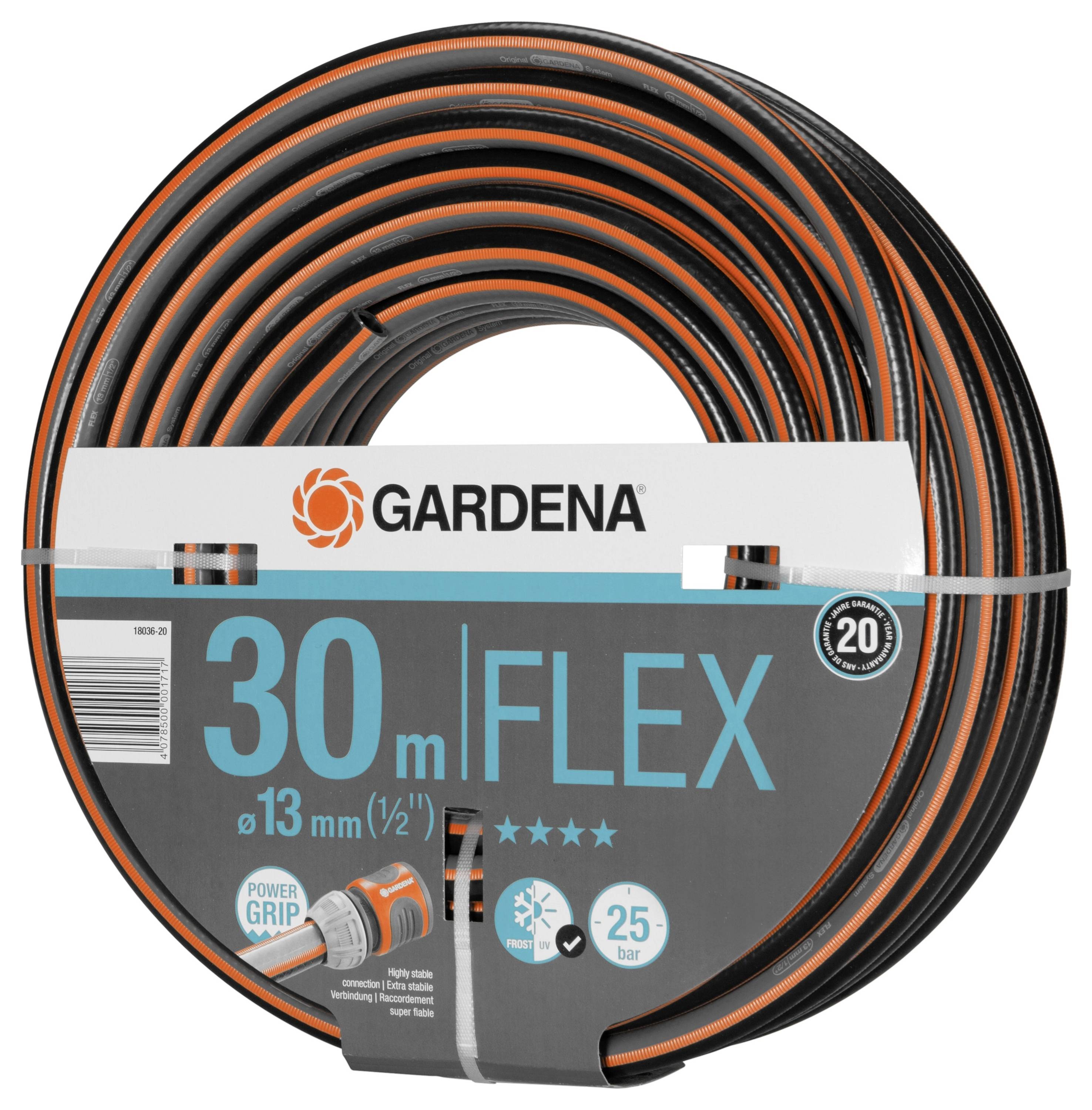 Bewässerungsschlauch von Gardena, 30 Meter lang, 13 mm Durchmesser, Modell 'Flex'. Druckbeständigkeit bis 25 bar, Power Grip Technologie.