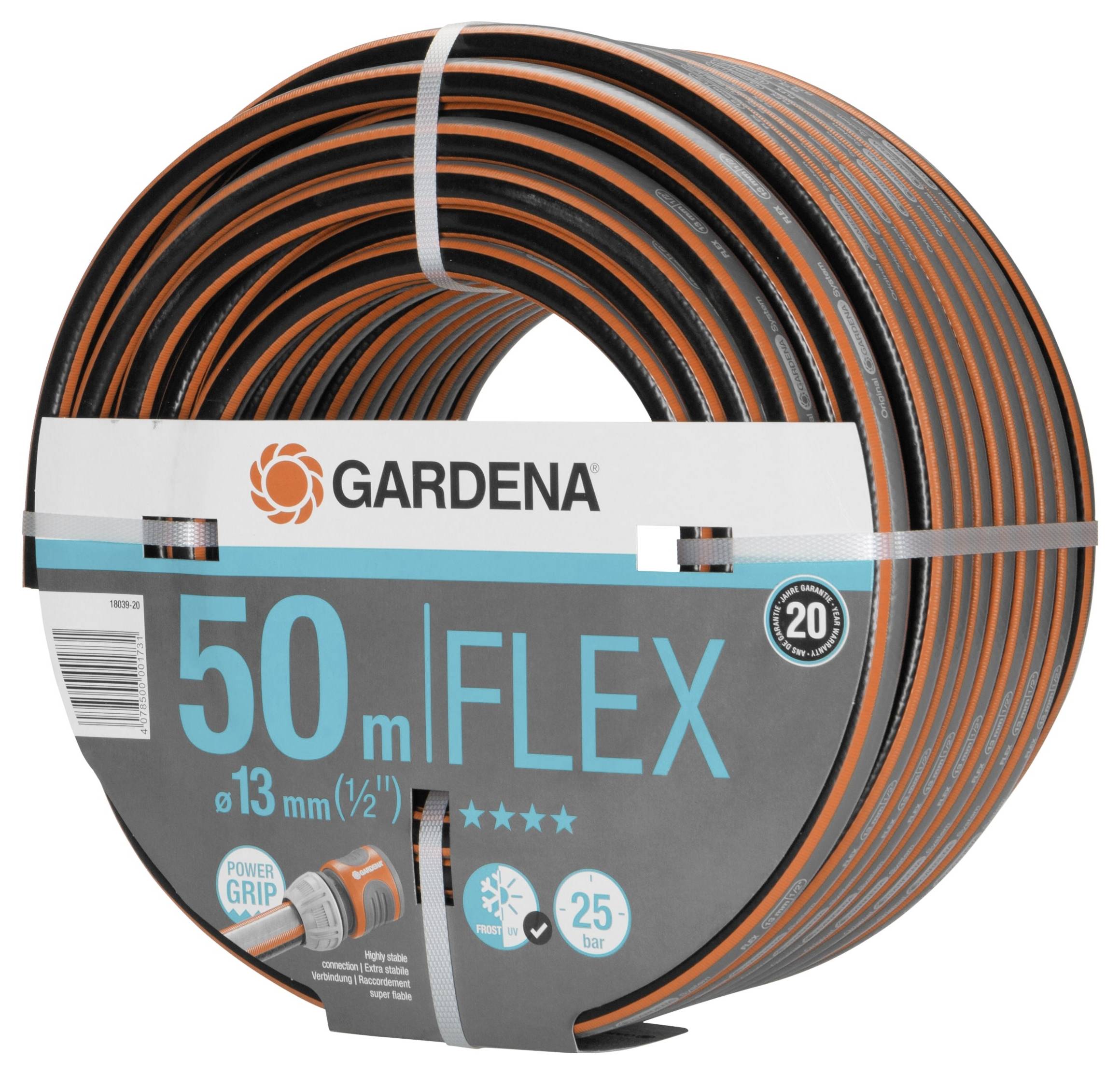 Gartenschlauch 'GARDENA FLEX' 50 m, Durchmesser 13 mm, Power Grip, bis 25 bar Druck, orange und schwarz gestreift.