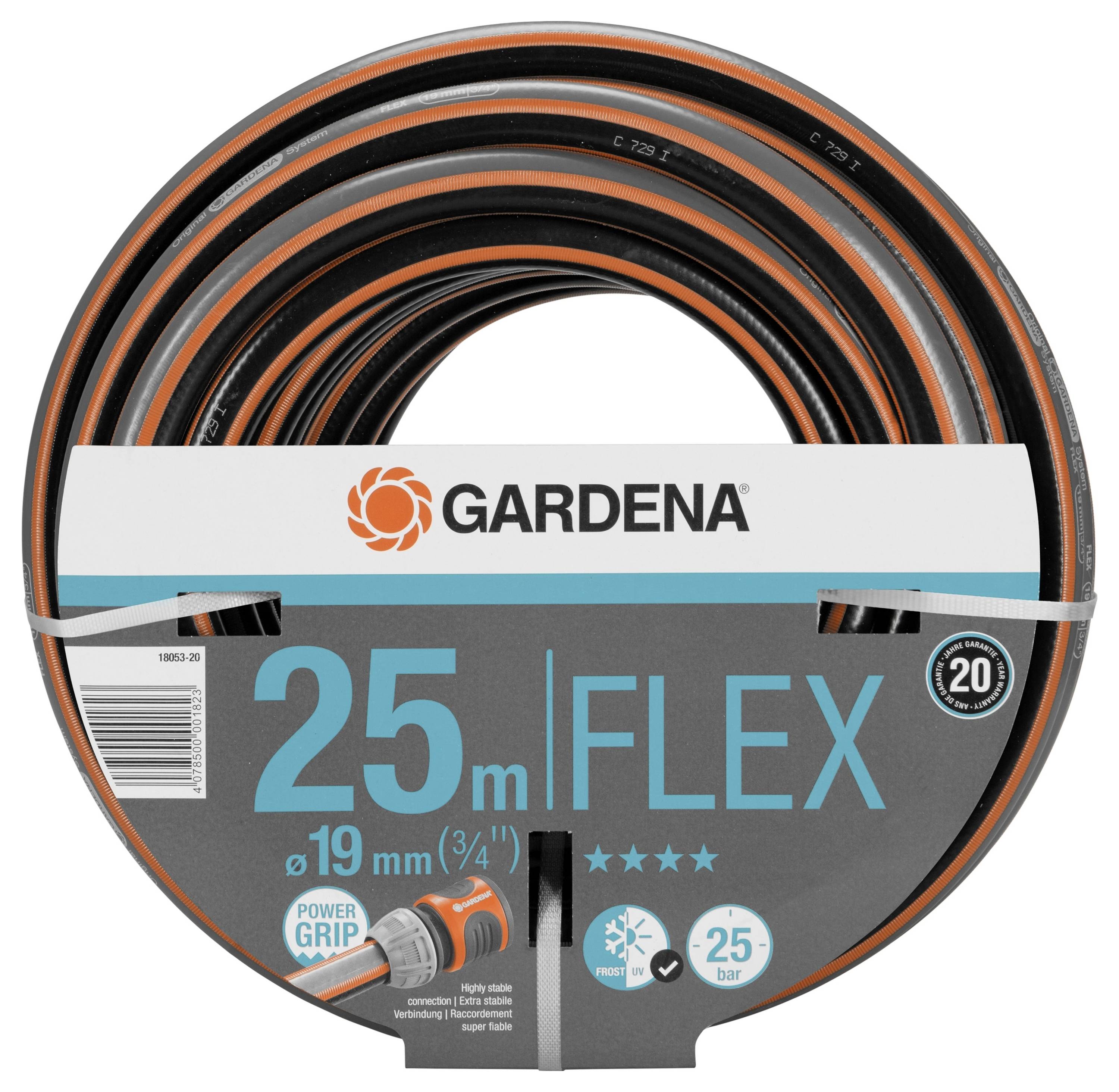 Gartenbewässerungsschlauch in Rolle, Marke Gardena, Länge 25 Meter, Durchmesser 19 mm, Flex-Modell mit Power Grip.