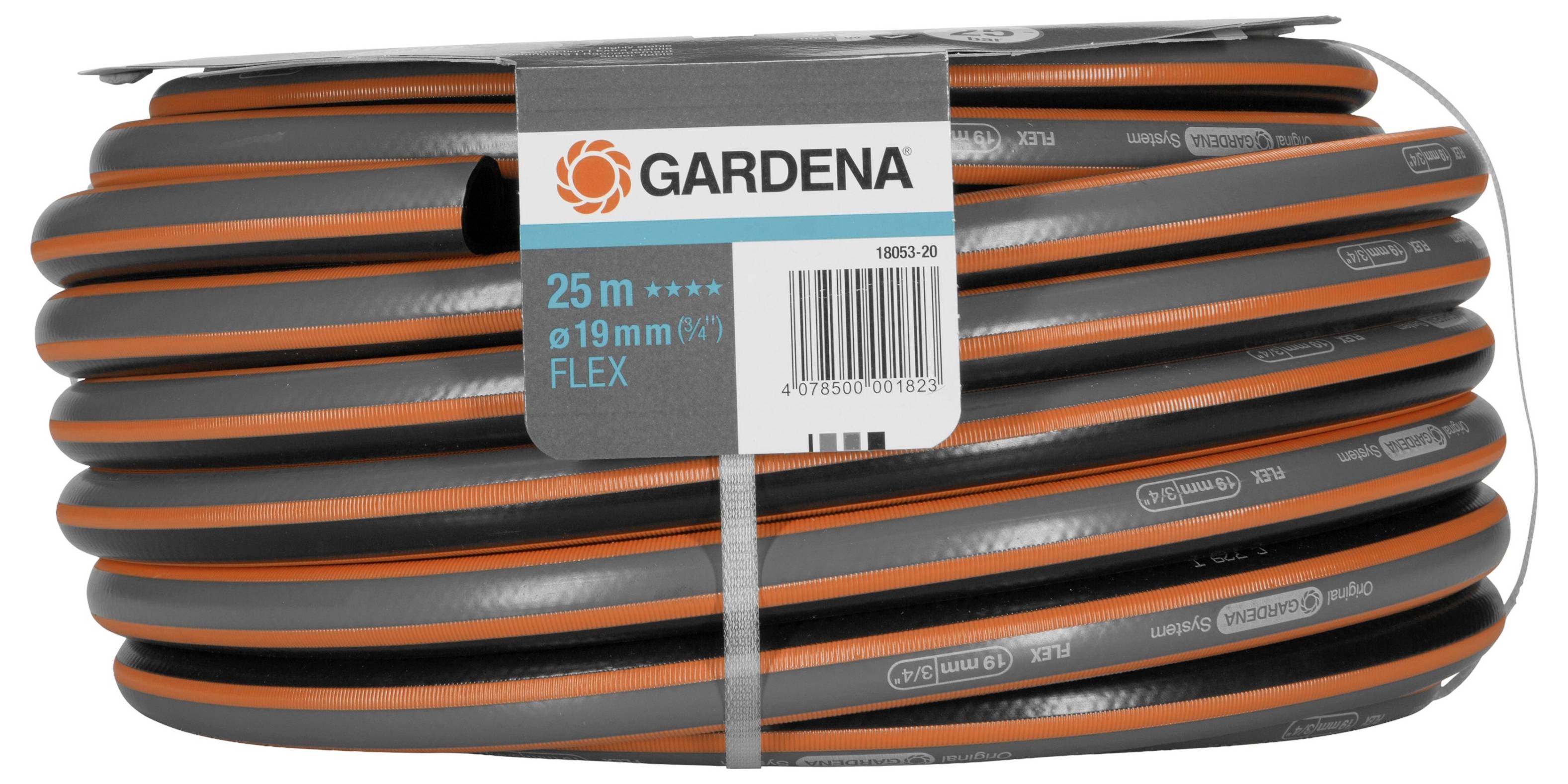 Gartenschlauch Rolle, 25 m lang, 19 mm Durchmesser, Marke Gardena, schwarz mit orangem Streifen, Produktetikett in der Mitte.
