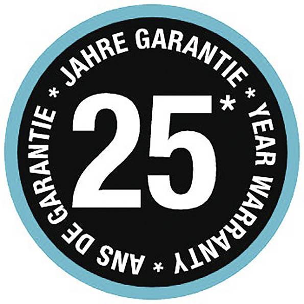 '25 Jahre Garantie' in einem Kreis, umgeben von Text in mehreren Sprachen.