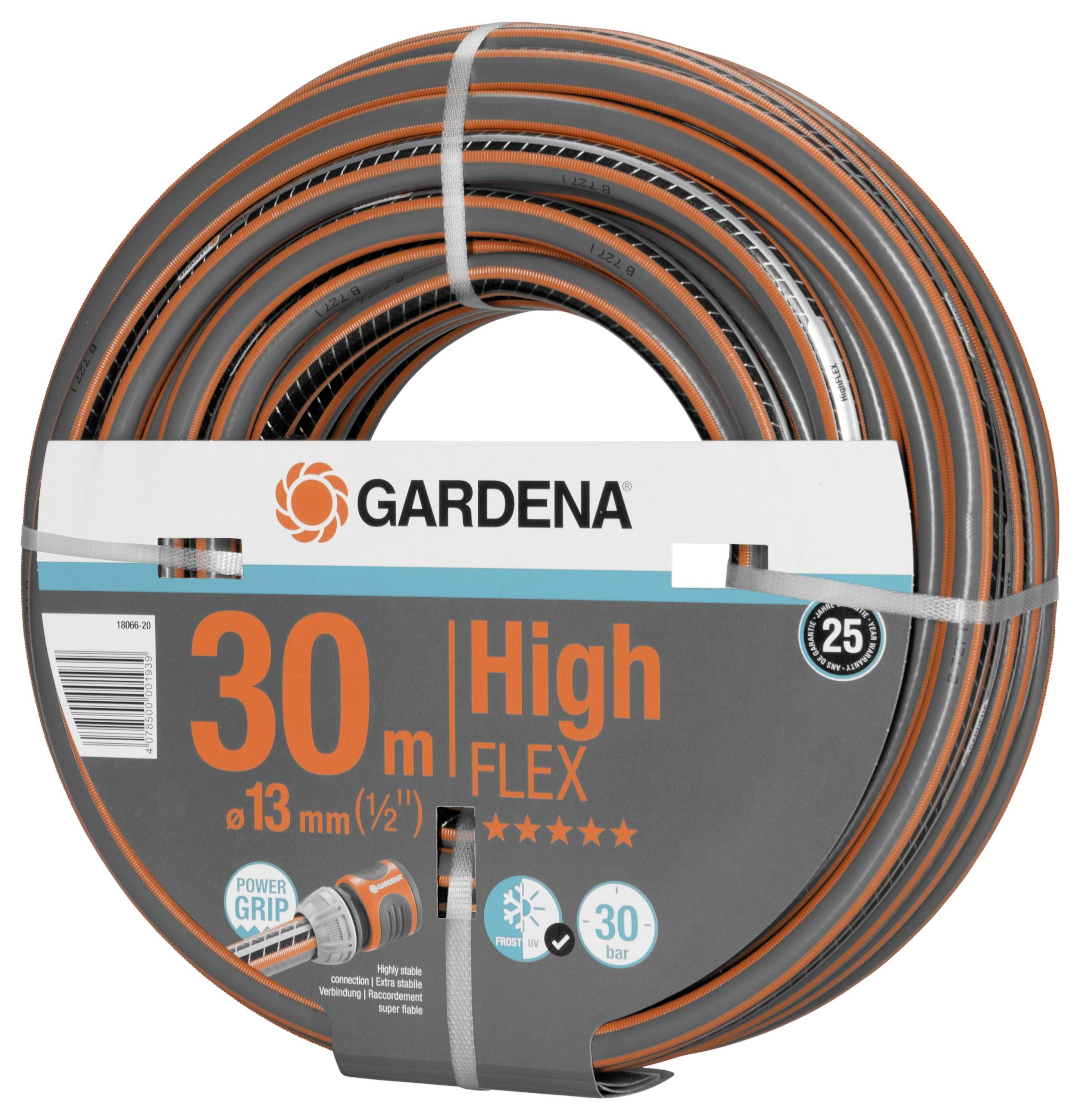Eine Gardena-Gartenschlauchverpackung zeigt einen 30 Meter langen High-Flex-Schlauch mit Power-Grip-Technologie und 25 Jahren Garantie.