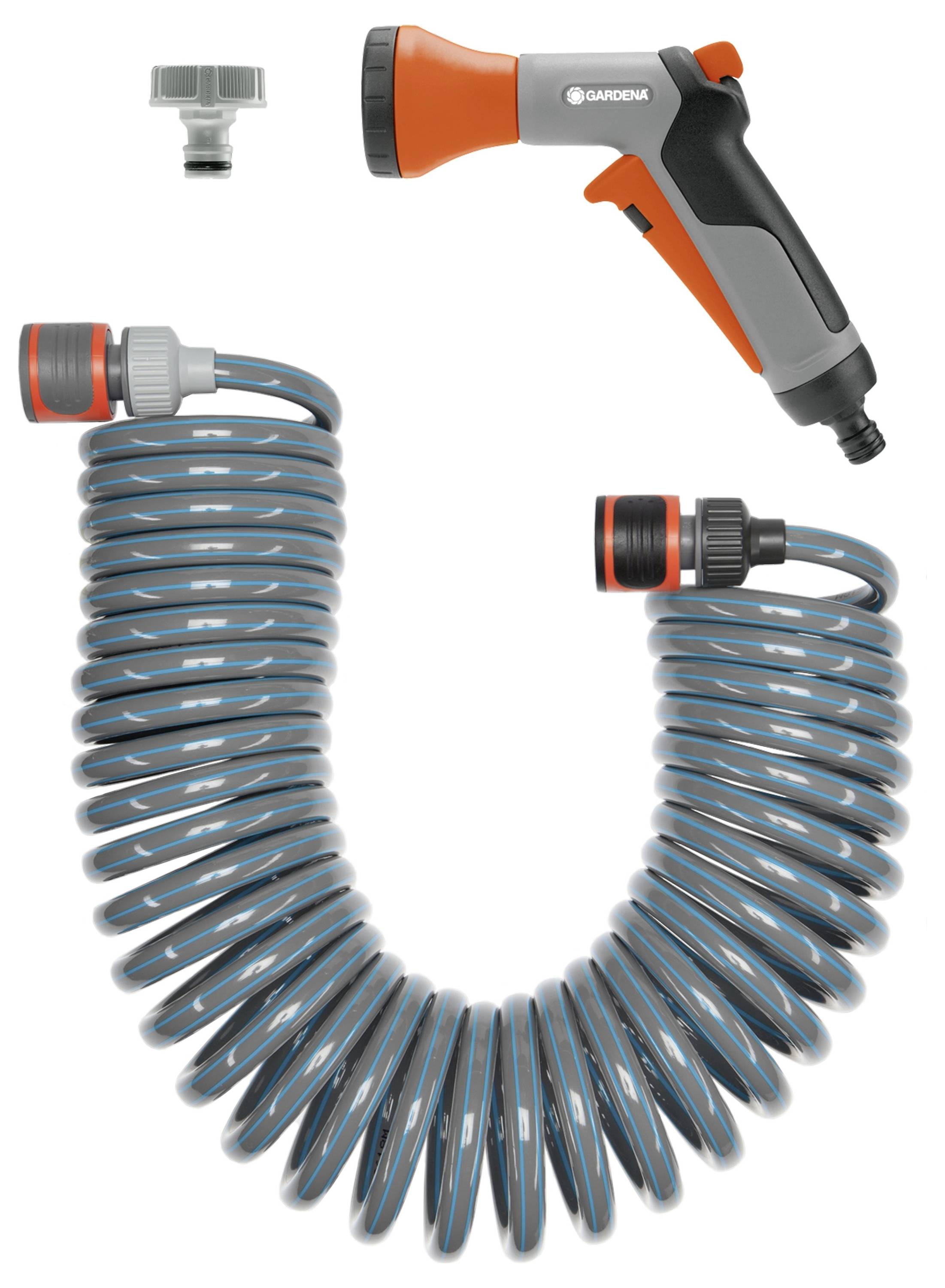 Schlauch-Set mit Spiralschlauch und Sprühpistole, geeignet für die Gartenbewässerung.