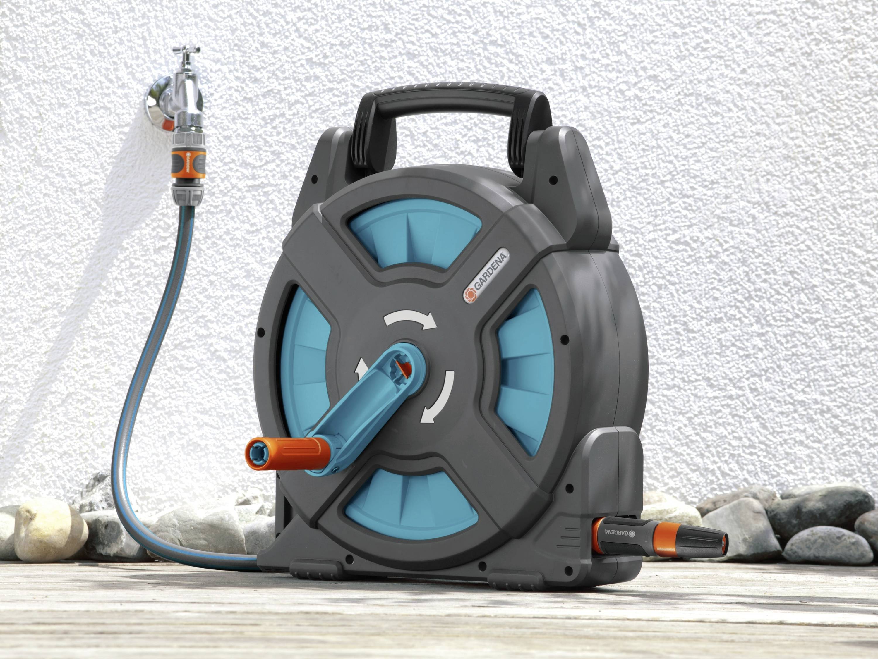 GARDENA 02662-20 Classic Schlauchbox 15 Set Gartenschlauchtrommel 13 mm 15 m 1/2 Zoll 1 St. Schwarz, Türkis, Orange