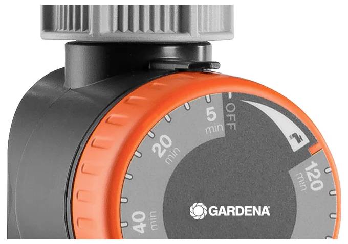 Gardena Wassertimer mit nummerierten Zifferblatt von 0 bis 120 Minuten, mit orangefarbenen Akzenten und einem grauen Einstellknopf.