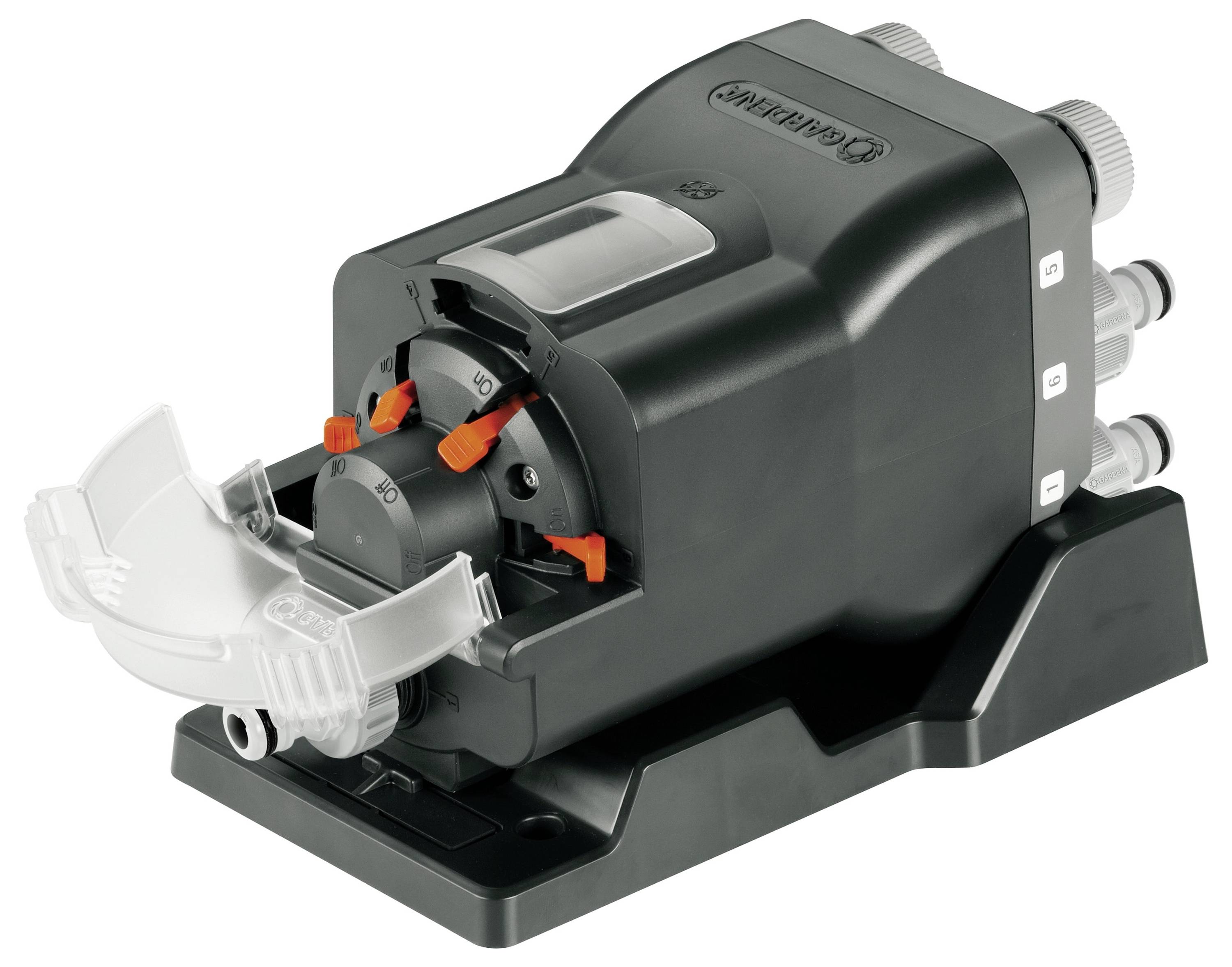 Eine schwarze automatische Poolchemiedosierpumpe mit eingebauten Schalt- und Justierungselementen.